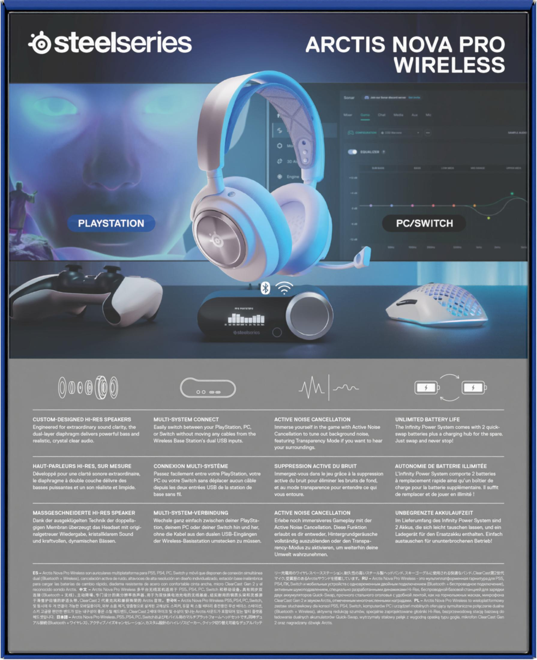 Pudełko słuchawek bezprzewodowych Steelseries Arctis Nova Pro. Zawiera zestaw słuchawkowy, stację ładującą i PC/PlayStation.