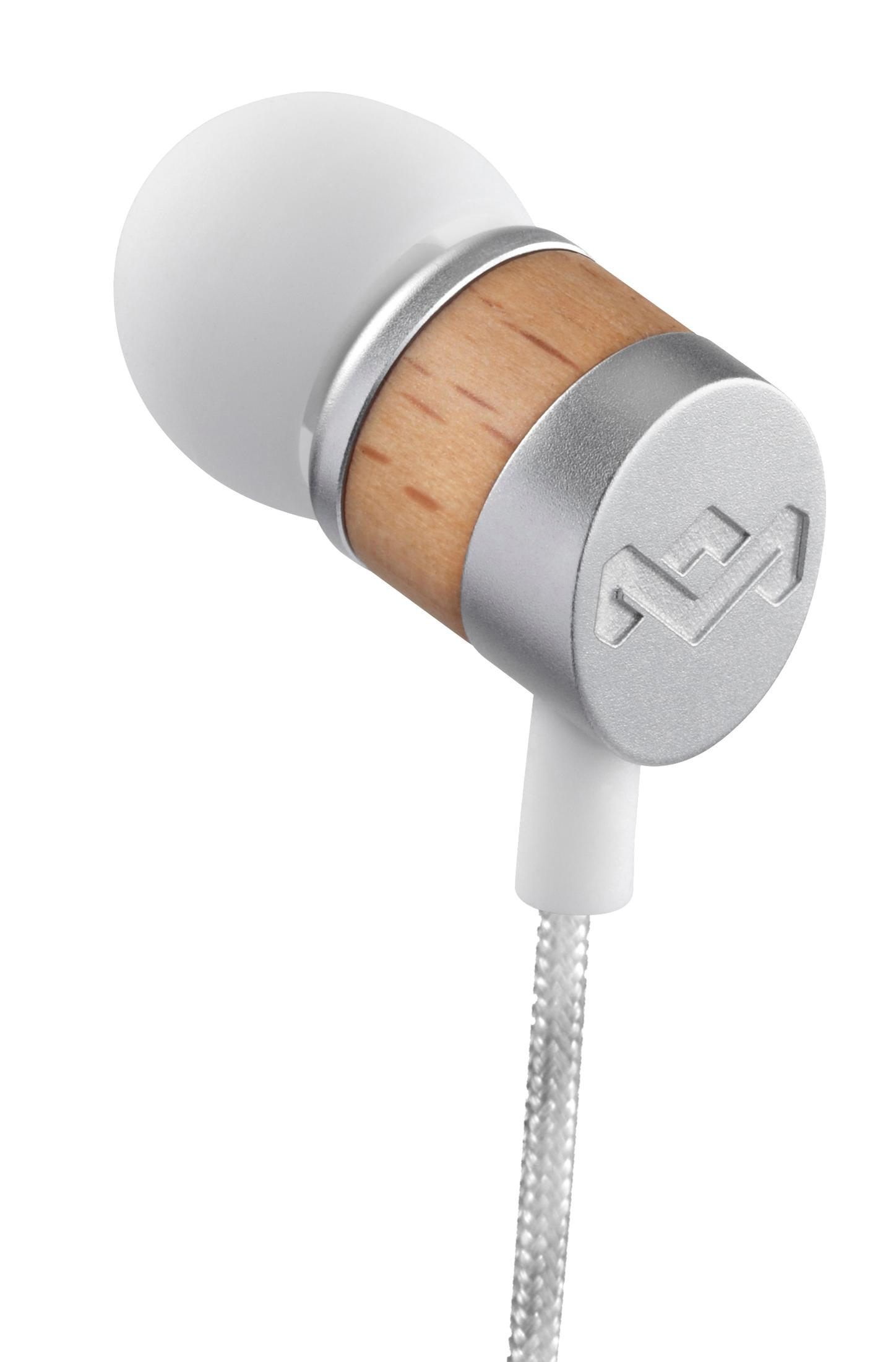 Auricolare bianco e color legno con dettagli argento e cavo bianco, su bianco.