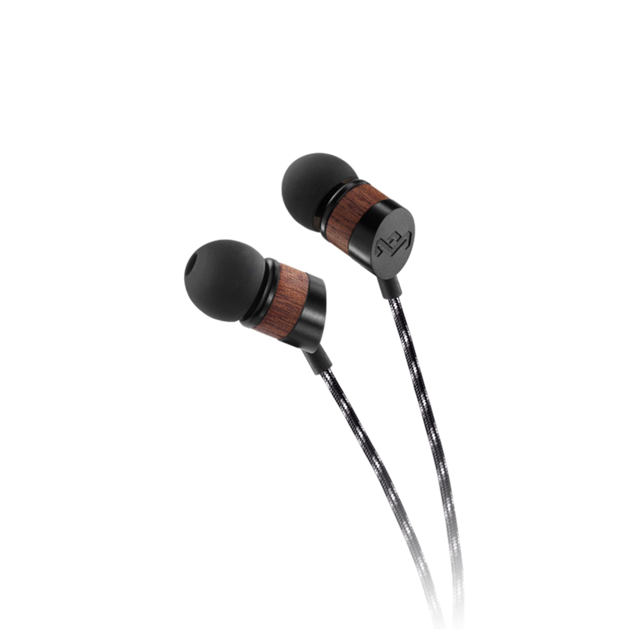 Due auricolari, neri con dettagli effetto legno. Sono su sfondo bianco.
