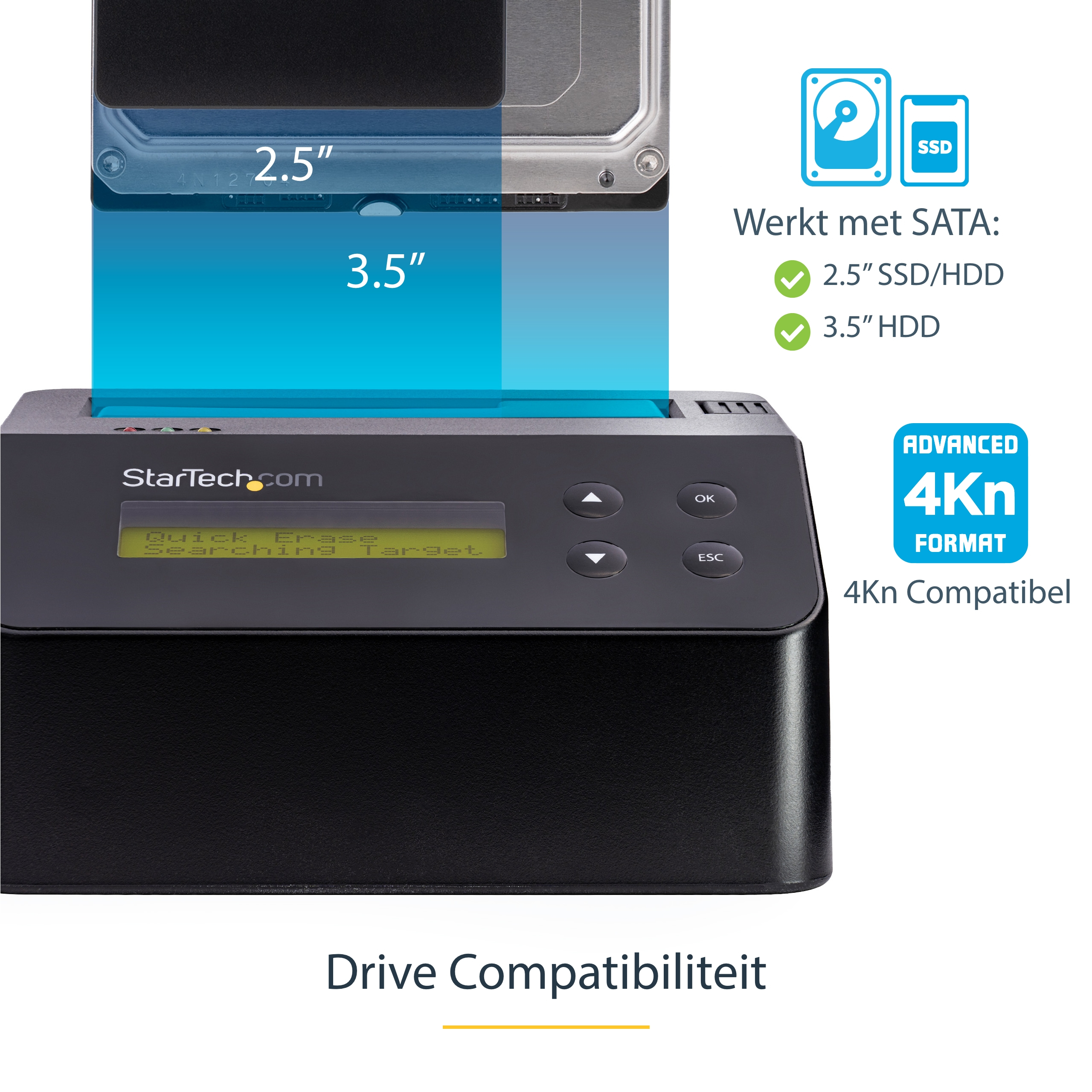 Schwarze und silberne Festplatten-Dockingstation. Sie hat einen Steckplatz für 2,5" und 3,5" Laufwerke.