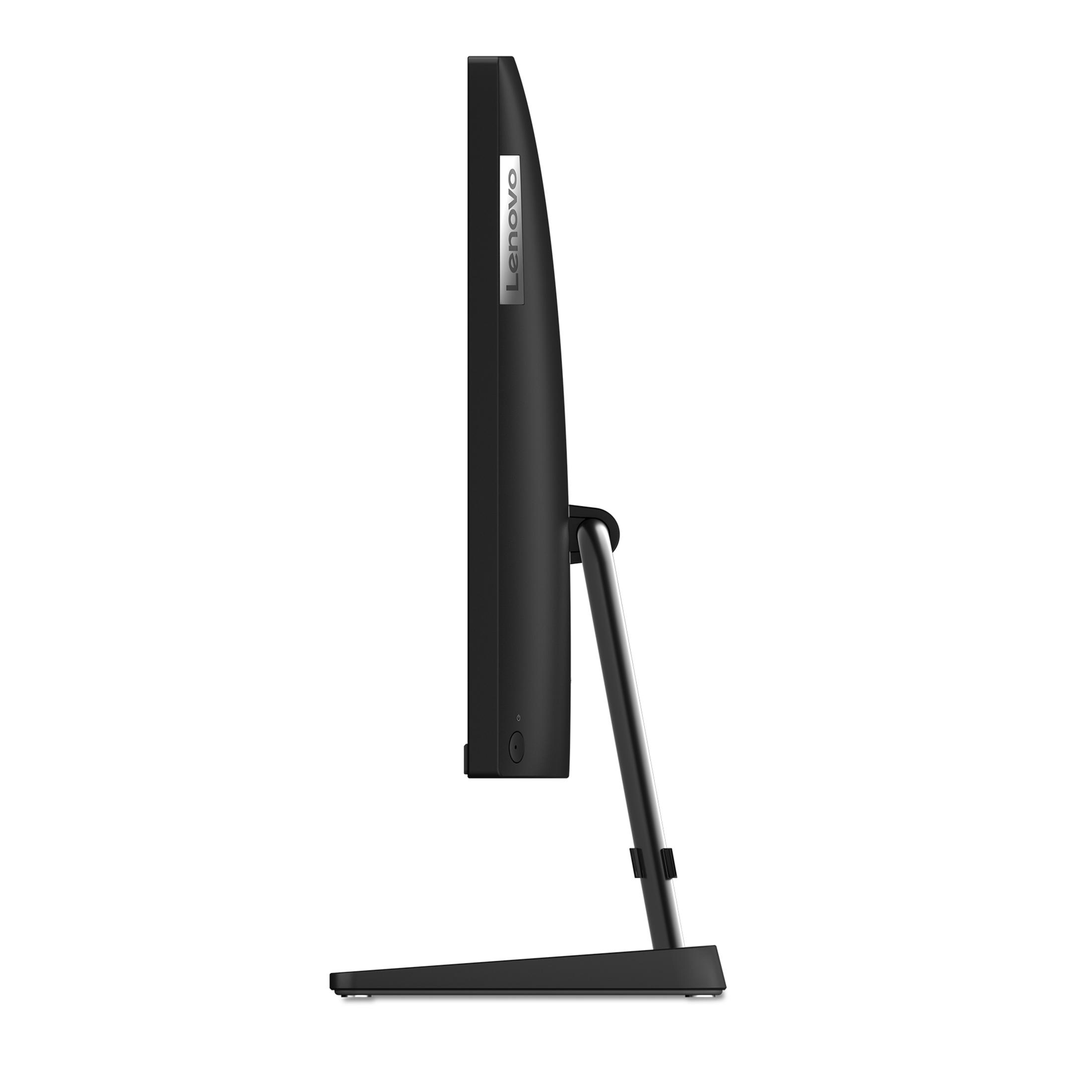 Schwarzer Lenovo-Monitor, Seitenansicht. Der Monitor ist schlank mit minimalistischem Design auf weißem Hintergrund.