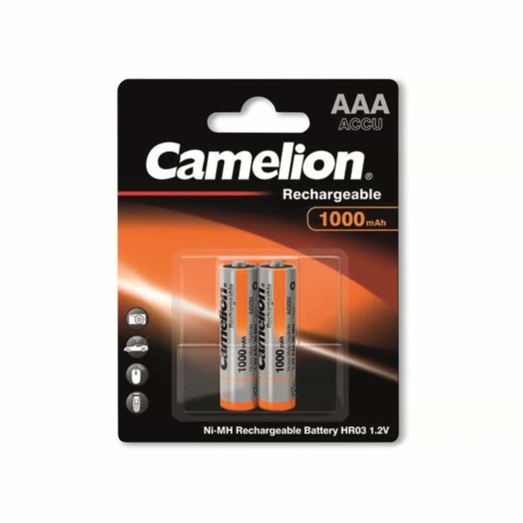 Dwie baterie AAA Camelion do ponownego ładowania w czarno-pomarańczowym opakowaniu. Białe tło.