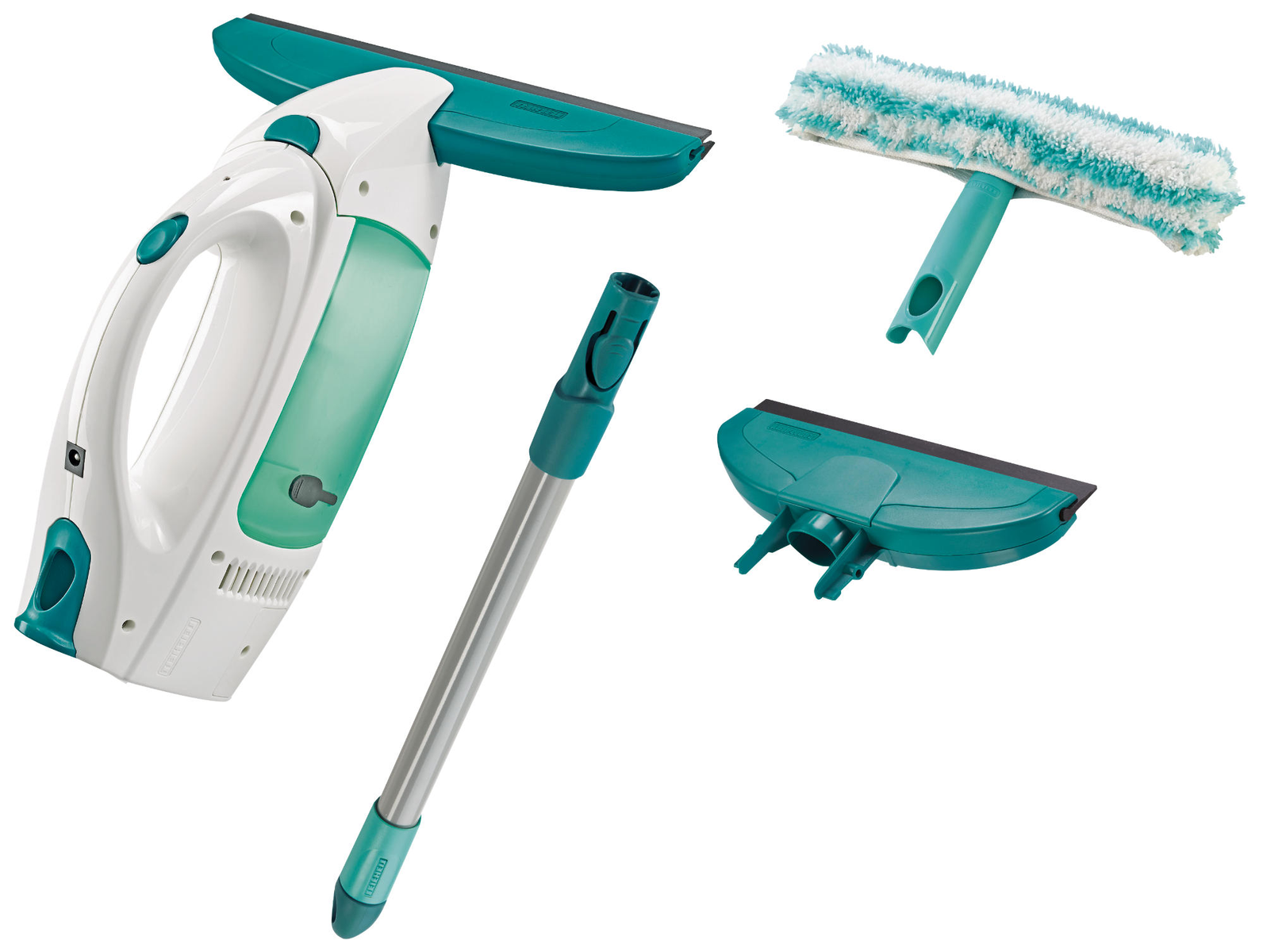 Narzędzia do czyszczenia na białym tle, w tym myjka do okien.