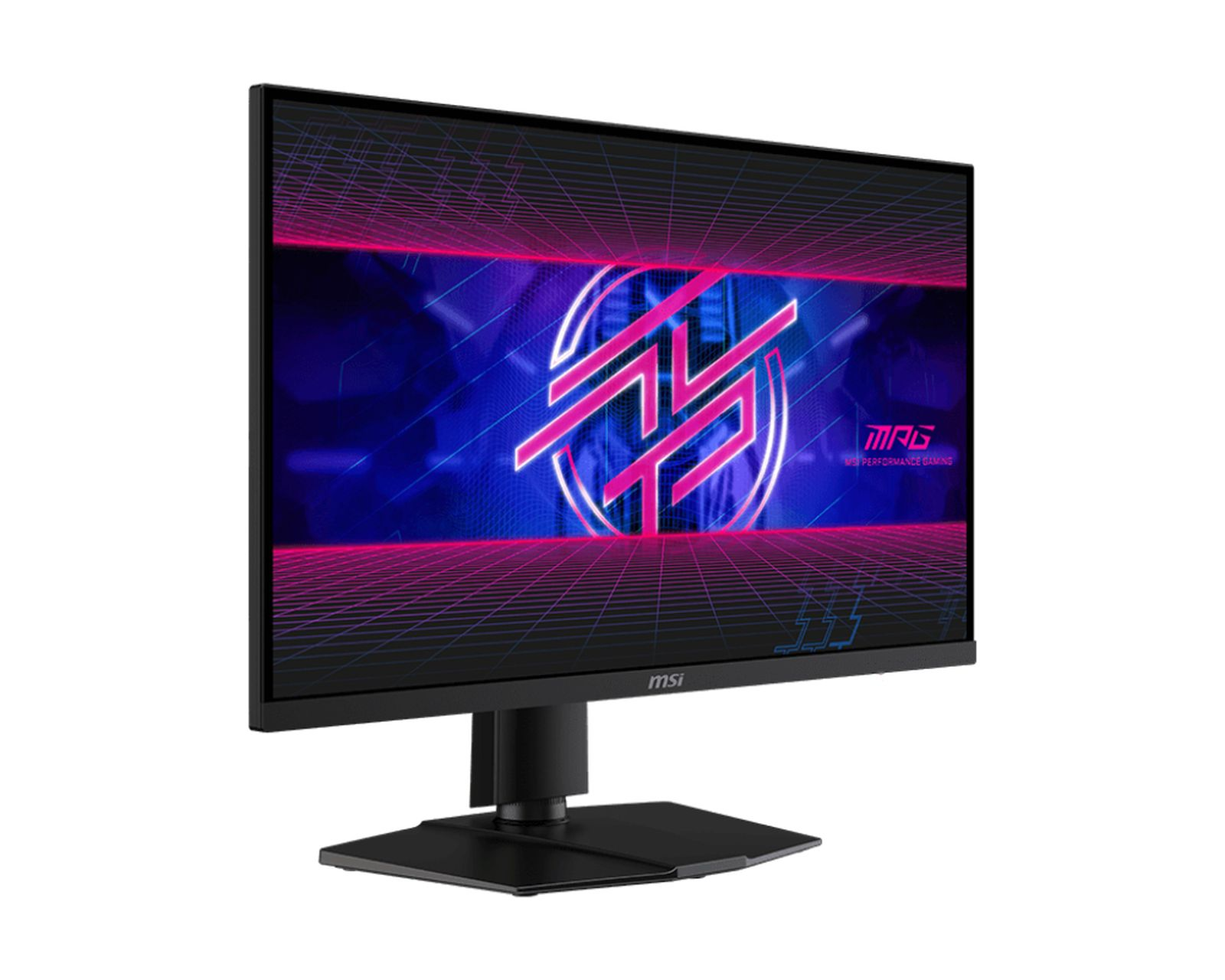 Un monitor nero mostra un logo con linee rosa su sfondo blu. Ha un supporto nero.