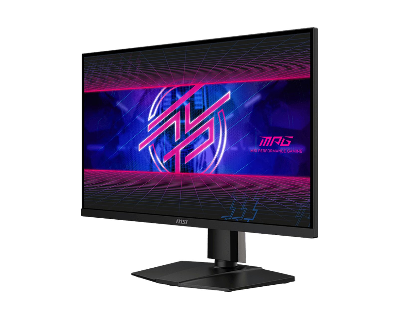 Monitor MSI, schermo mostra una grafica. Supporto nero. Sfondo bianco.