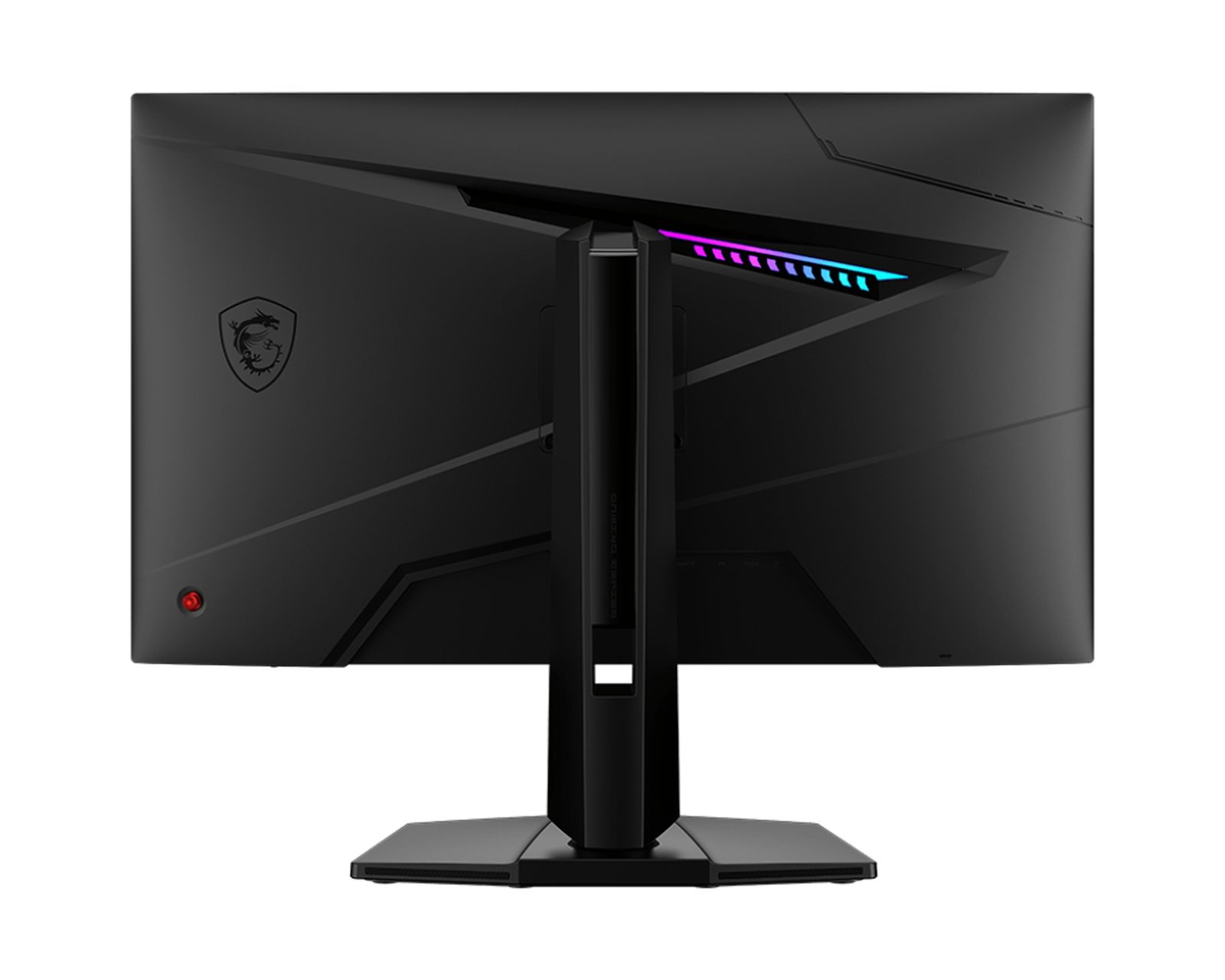 Retro di un monitor da gaming MSI nero. Presenta un logo e luci colorate nella parte superiore, sfondo bianco.