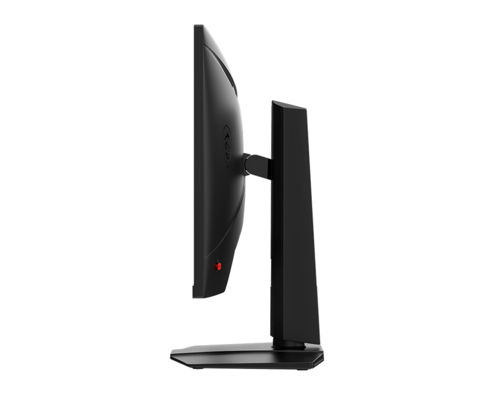 Un monitor di computer nero è mostrato di lato, con un supporto nero.