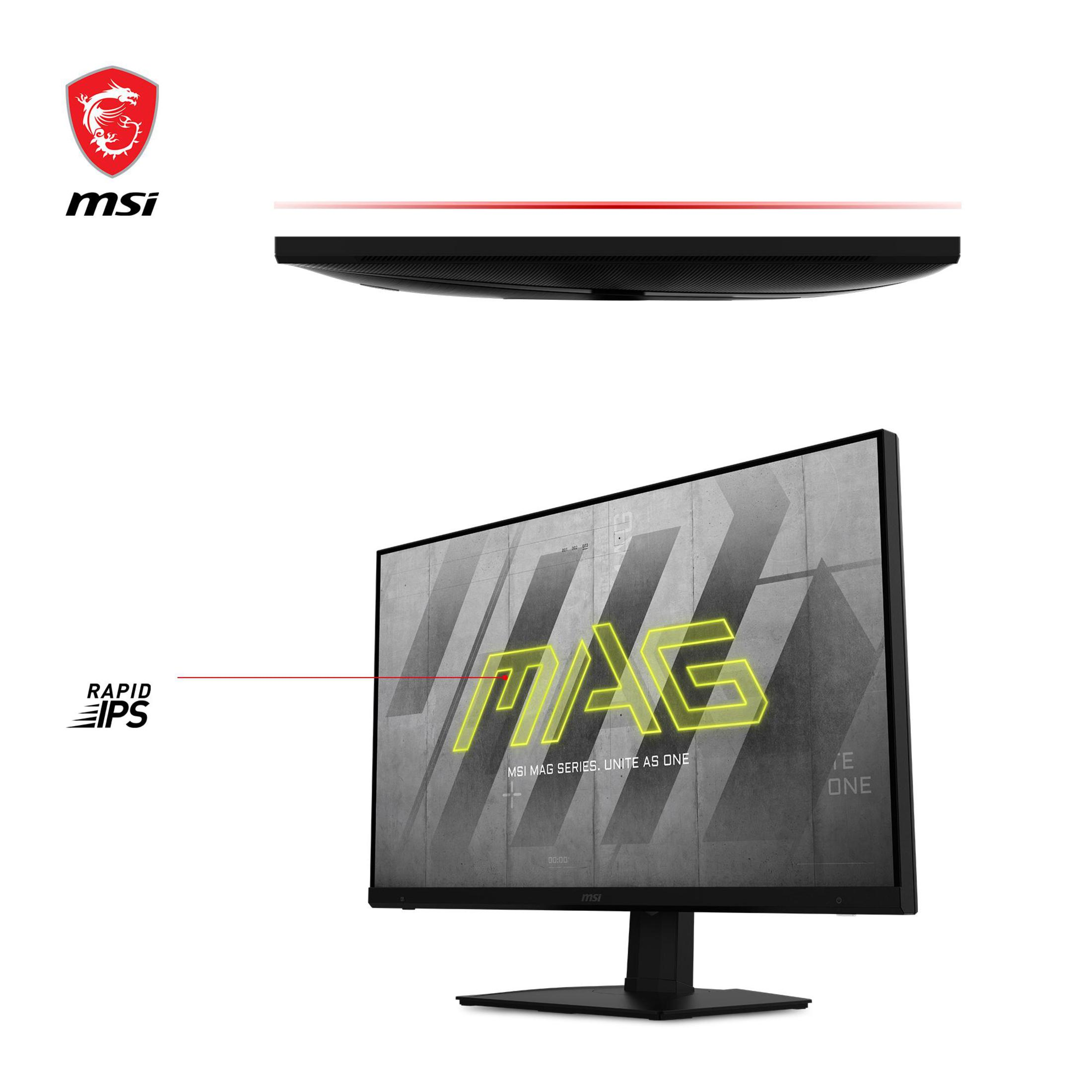 Monitor MSI con schermo curvo, cornice nera e logo MSI.