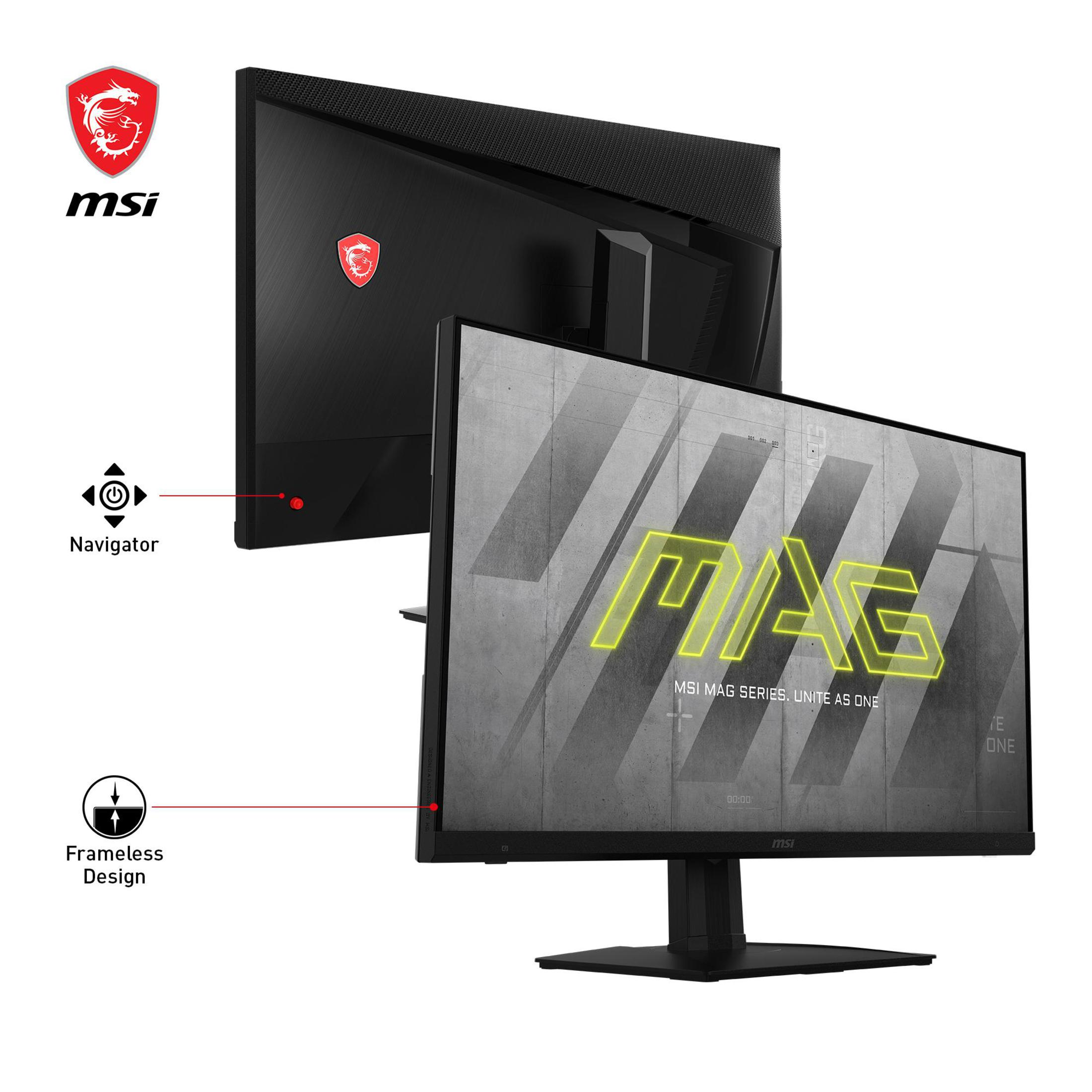 Due monitor per computer neri. Uno mostra una grafica, l'altro il retro con logo MSI.
