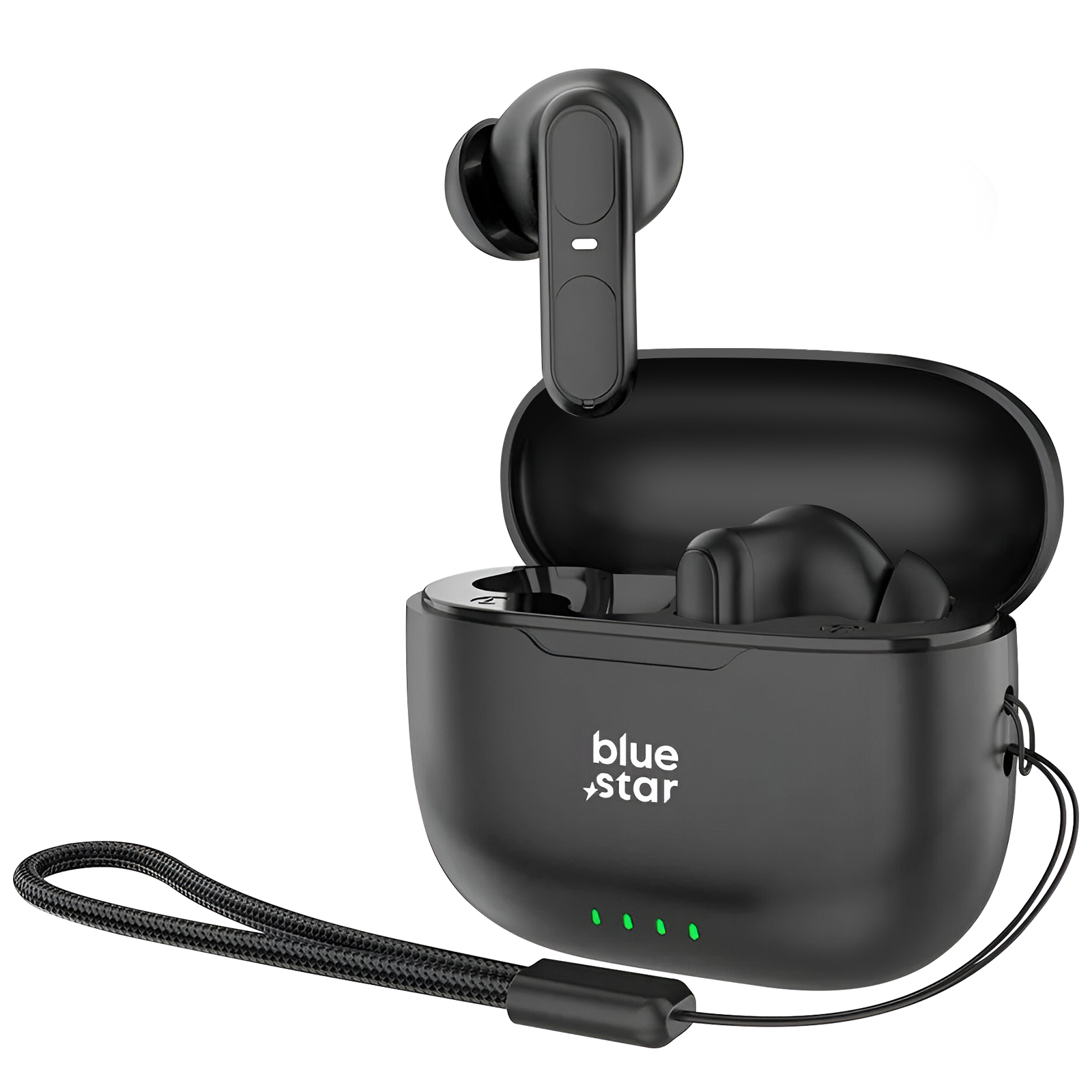 Auricolari wireless neri con custodia di ricarica. La custodia ha il logo della stella blu.