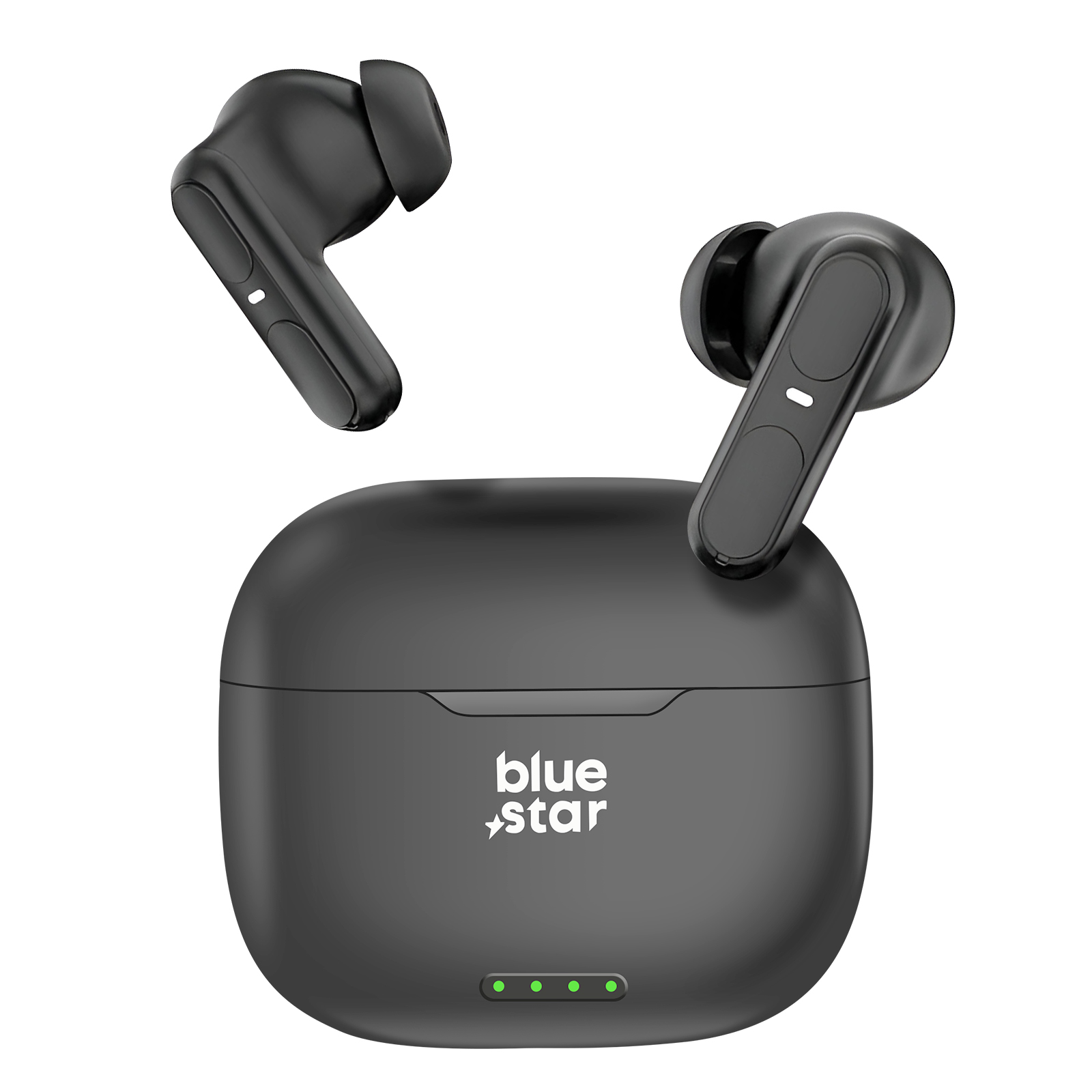 Auricolari wireless neri e custodia di ricarica su sfondo bianco. Logo Blue Star sulla custodia.