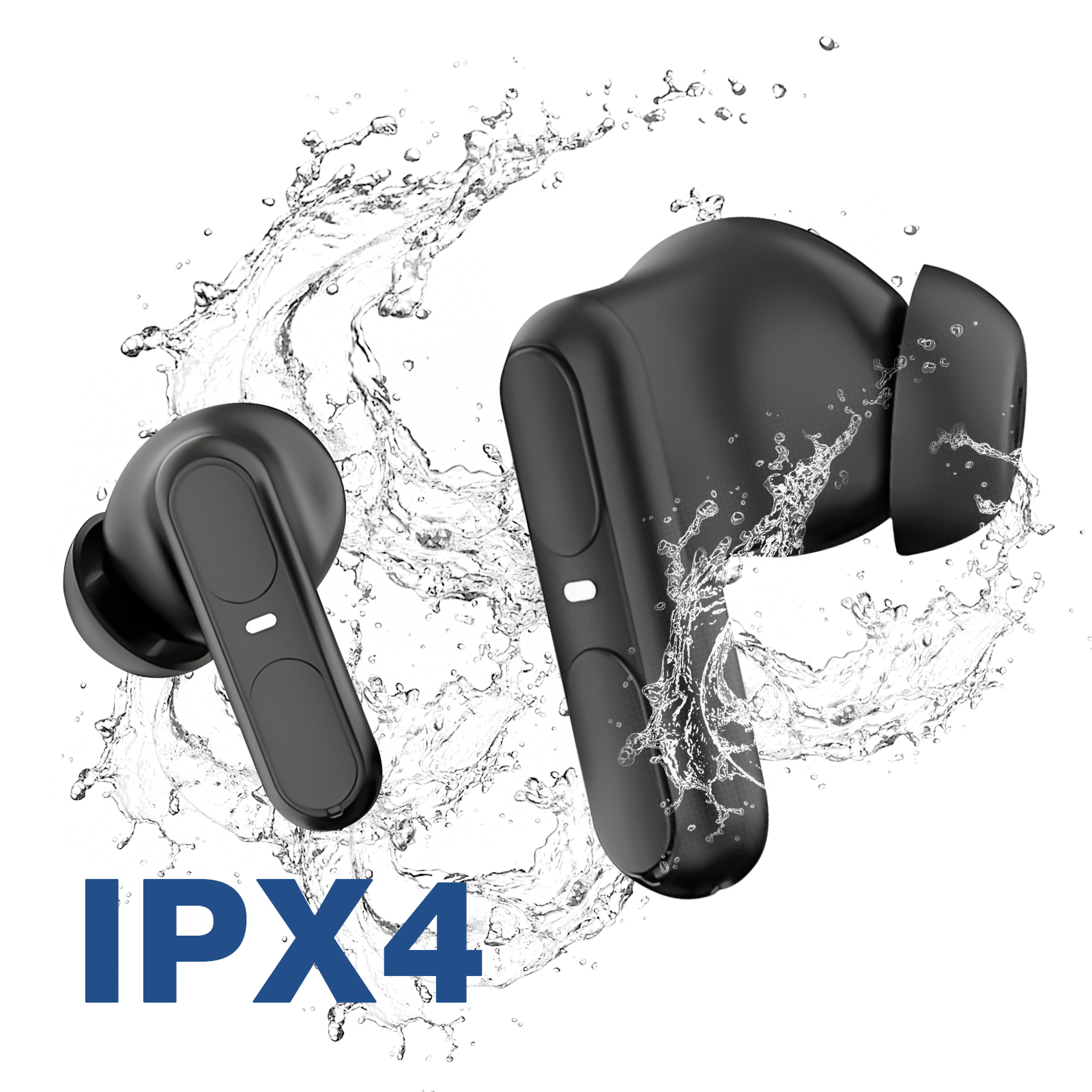 Auricolari wireless neri con effetto splash d'acqua. Testo IPX4 visibile in basso.