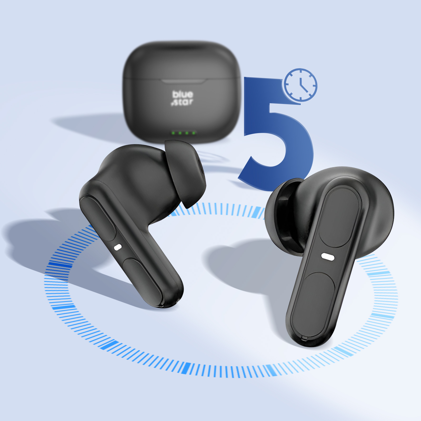 Auricolari wireless neri con custodia di ricarica. Un grande '5' con icona dell'orologio. Auricolari neri.