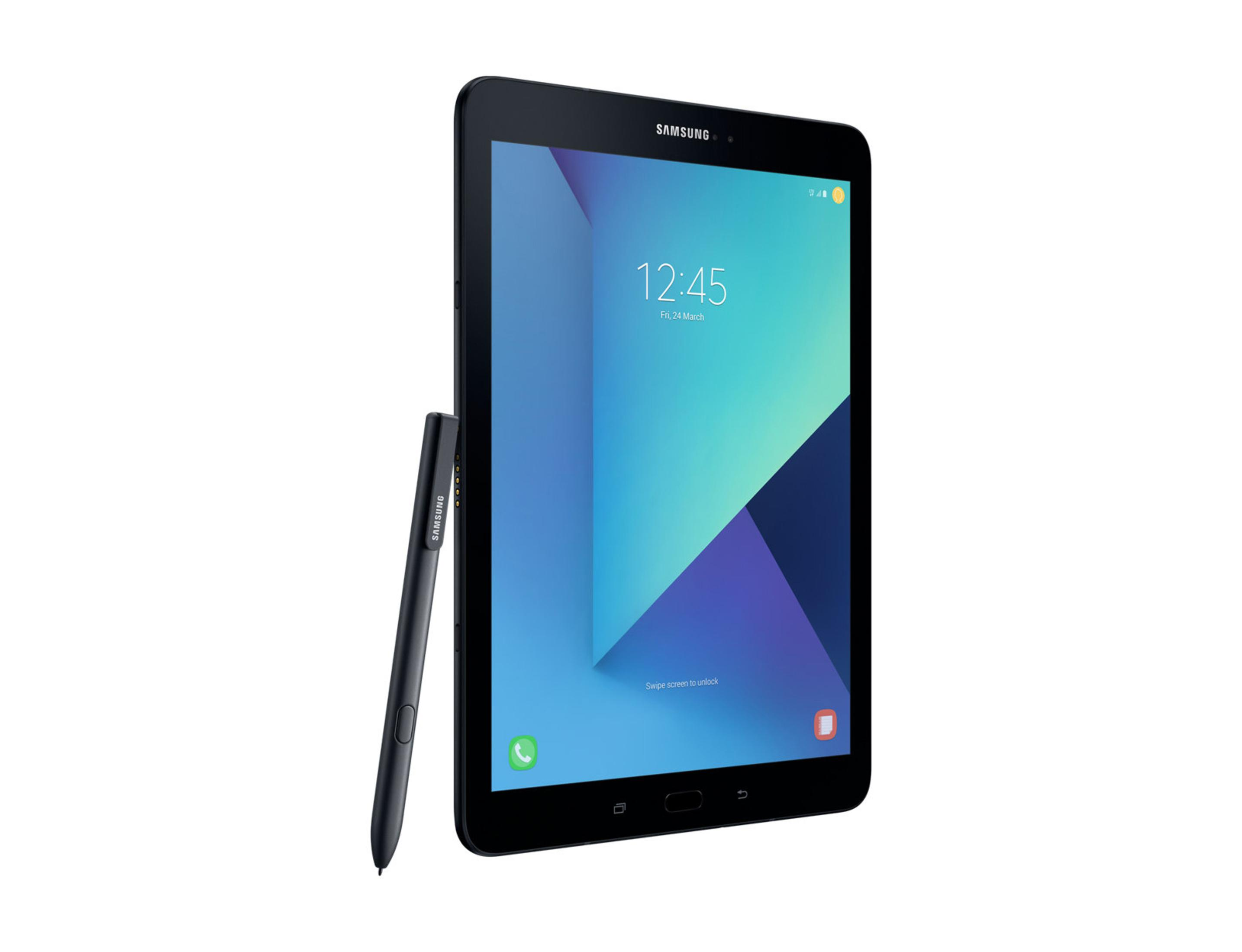 Schwarzes Tablet mit Stift, Bildschirm zeigt Zeit und Bild. Weißer Hintergrund. Samsung-Logo sichtbar.