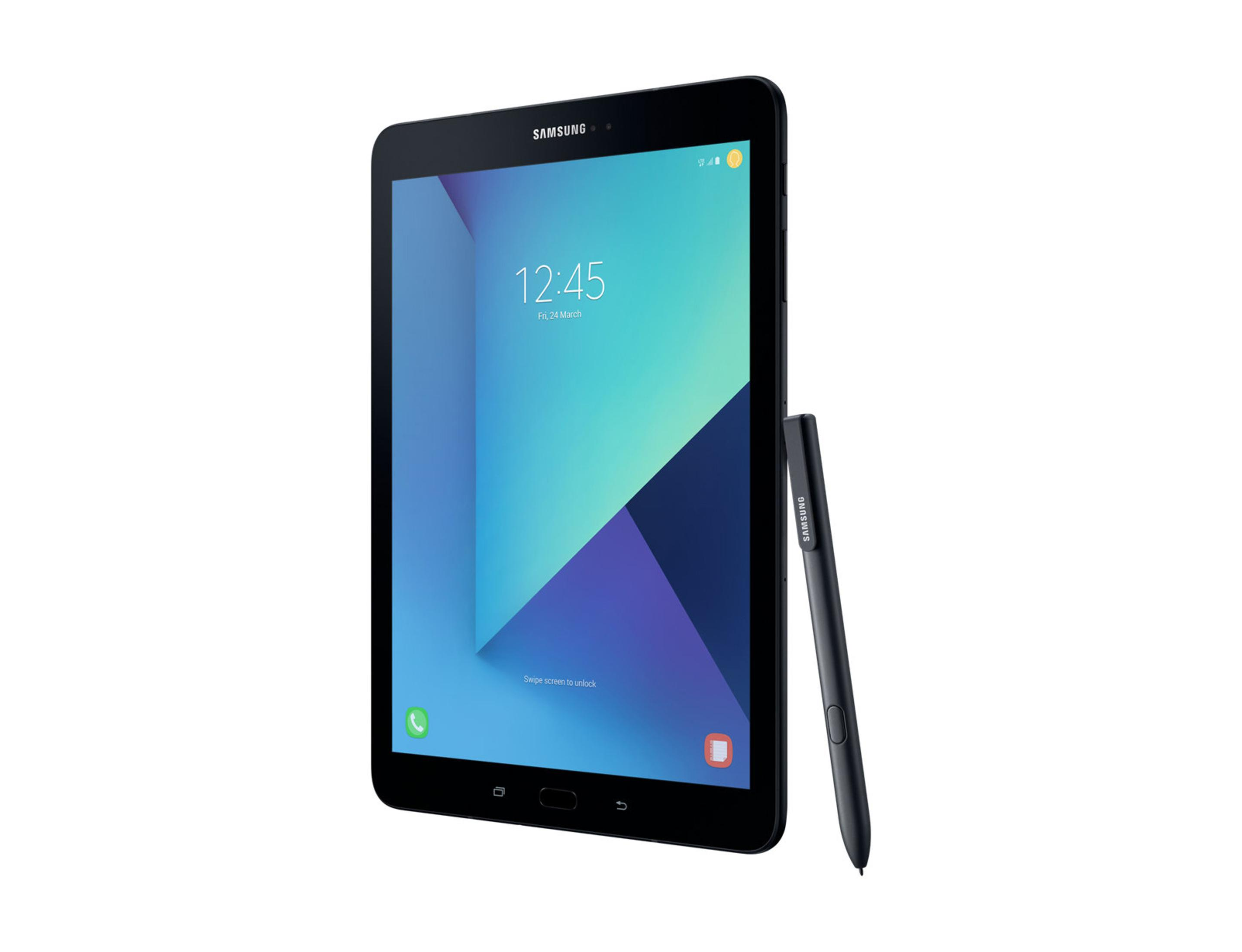 Schwarzes Tablet mit Stift auf weißem Hintergrund, zeigt einen Bildschirm mit Farbverlauf.