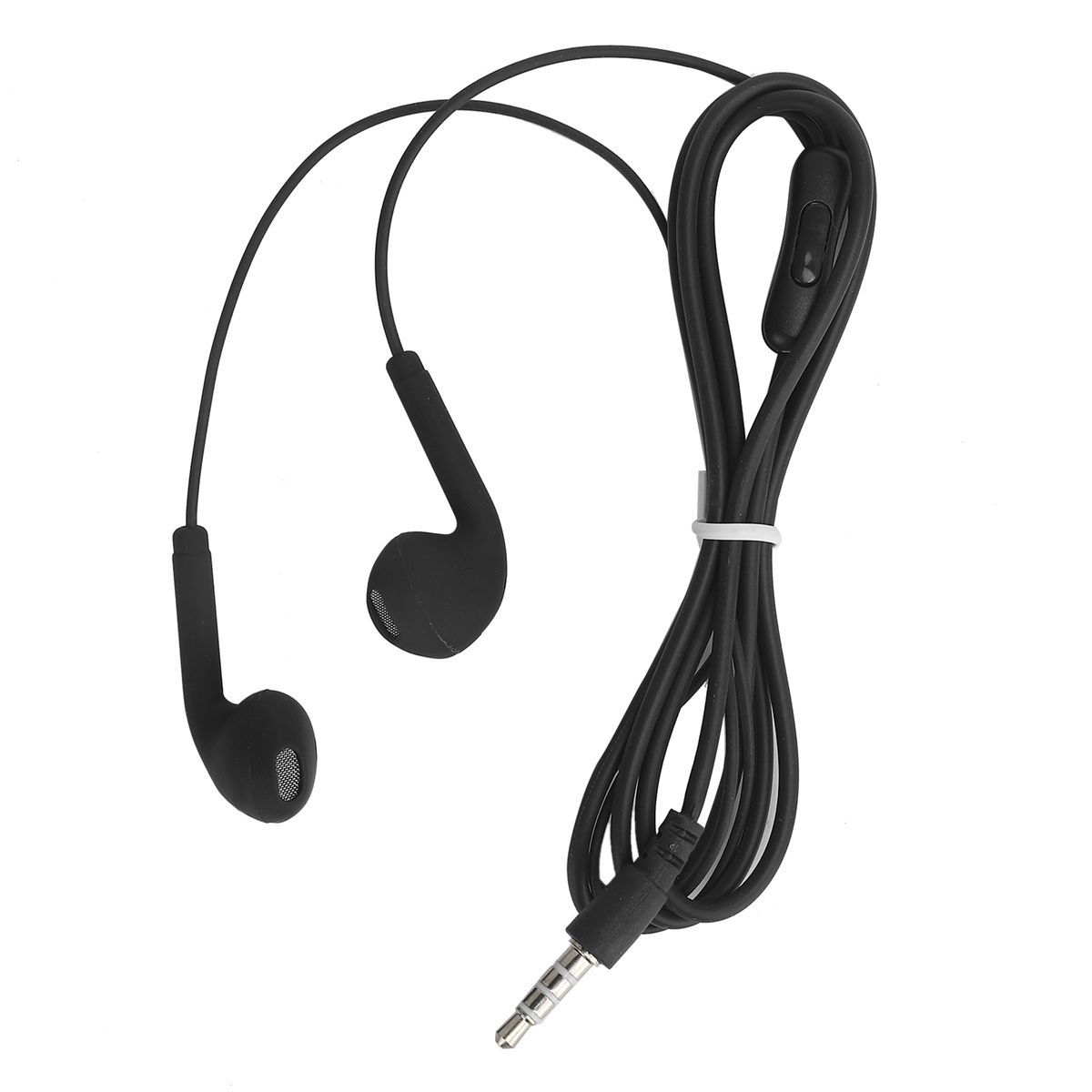 Schwarze Kopfhörer mit Steuerung, 3,5-mm-Klinke und weißem Kabelbinder.