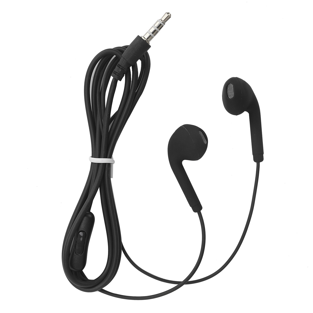 Schwarze Ohrhörer mit schwarzem Kabel und Stecker.