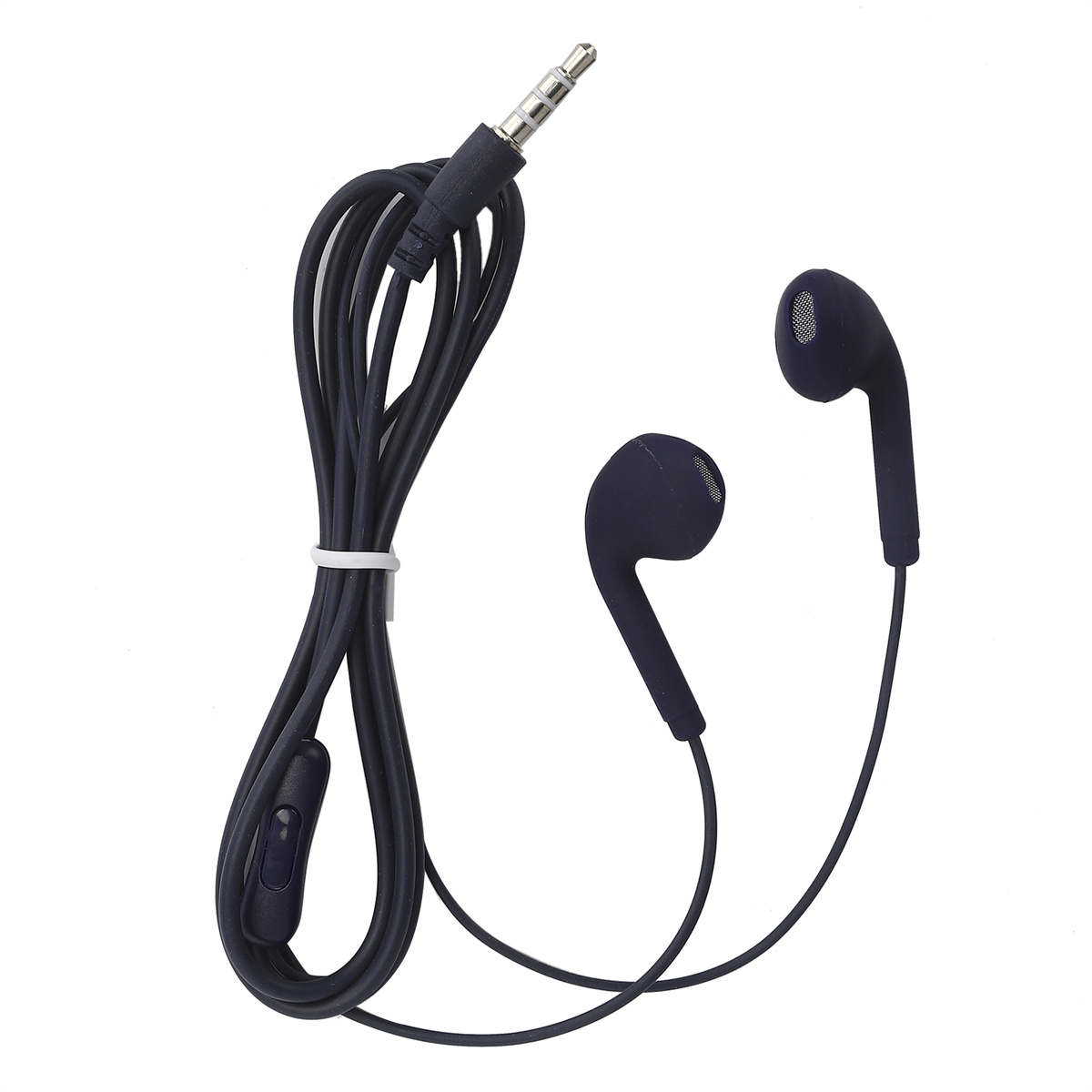 Dunkelblaue Ohrhörer mit dunkelblauem Kabel und Steuermodul. Weißer Hintergrund.