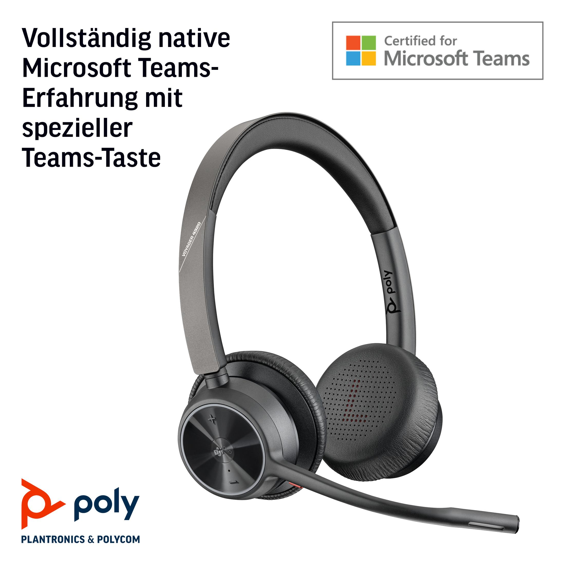 Słuchawki z mikrofonem, szare i czarne. Pokazano tekst w języku niemieckim i logo Microsoft Teams.