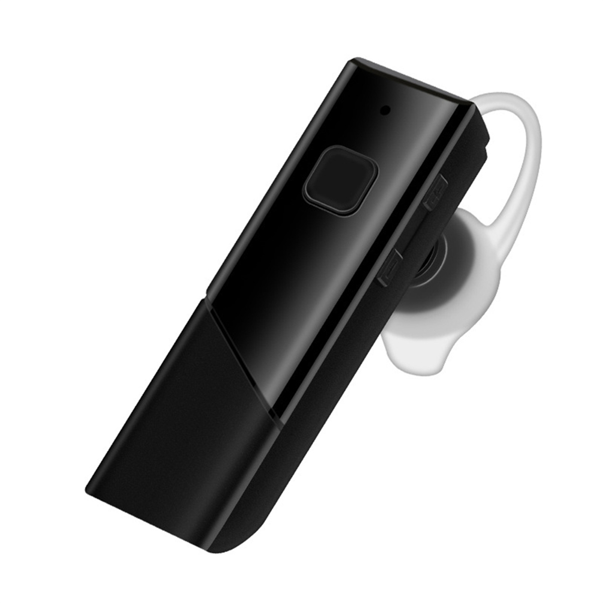 Schwarzes Bluetooth-Headset. Es hat einen rechteckigen Hauptkörper und einen weißen Ohrhaken.