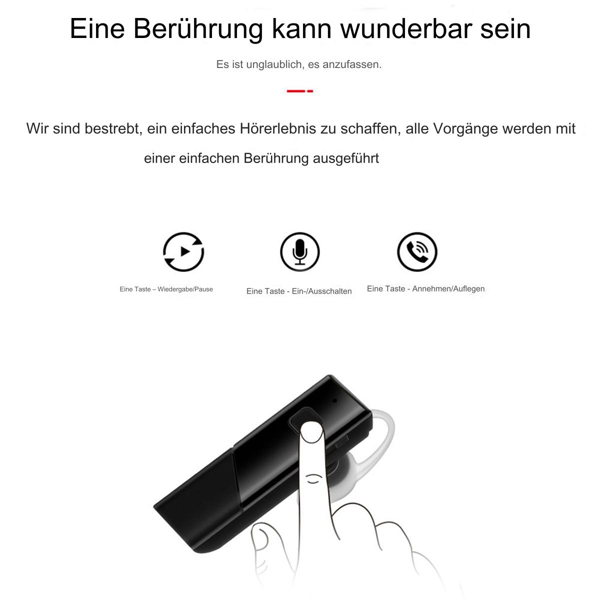 Diagramm mit Text und Bildern, das ein Bluetooth-Headset und seine Funktionen zeigt.