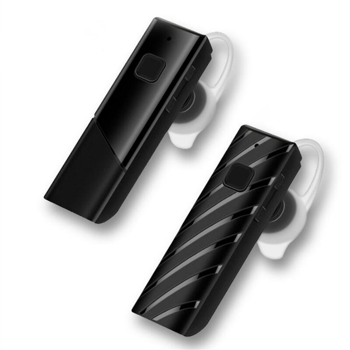 Zwei schwarze Bluetooth-Headsets. Weiße Ohrhörer. Weißer Hintergrund.