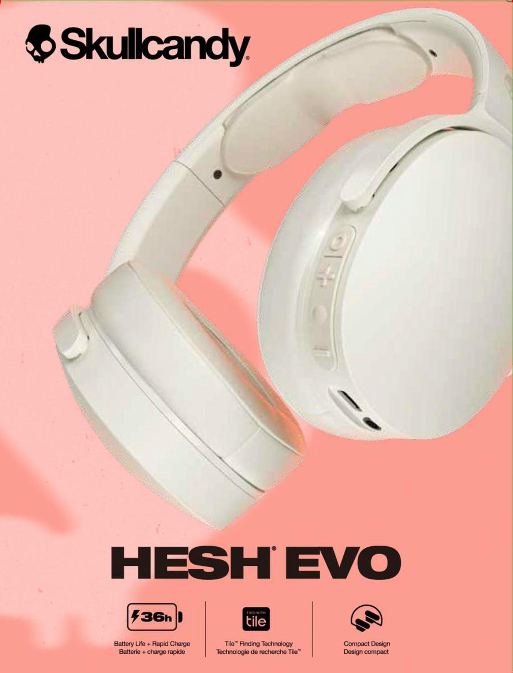 White Skullcandy headphones with text. Pink background. Product display.