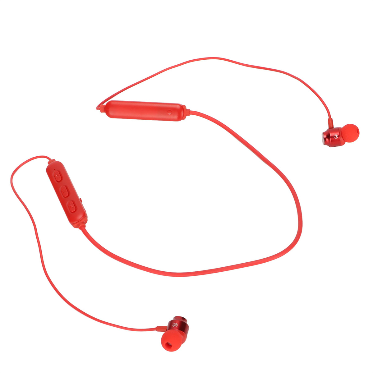 Rote kabellose Ohrhörer mit Nackenband, weißer Hintergrund.