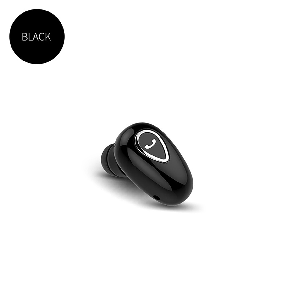 Schwarzer Bluetooth-Ohrhörer. Das Gerät hat eine Ruftaste. Weißer Hintergrund.