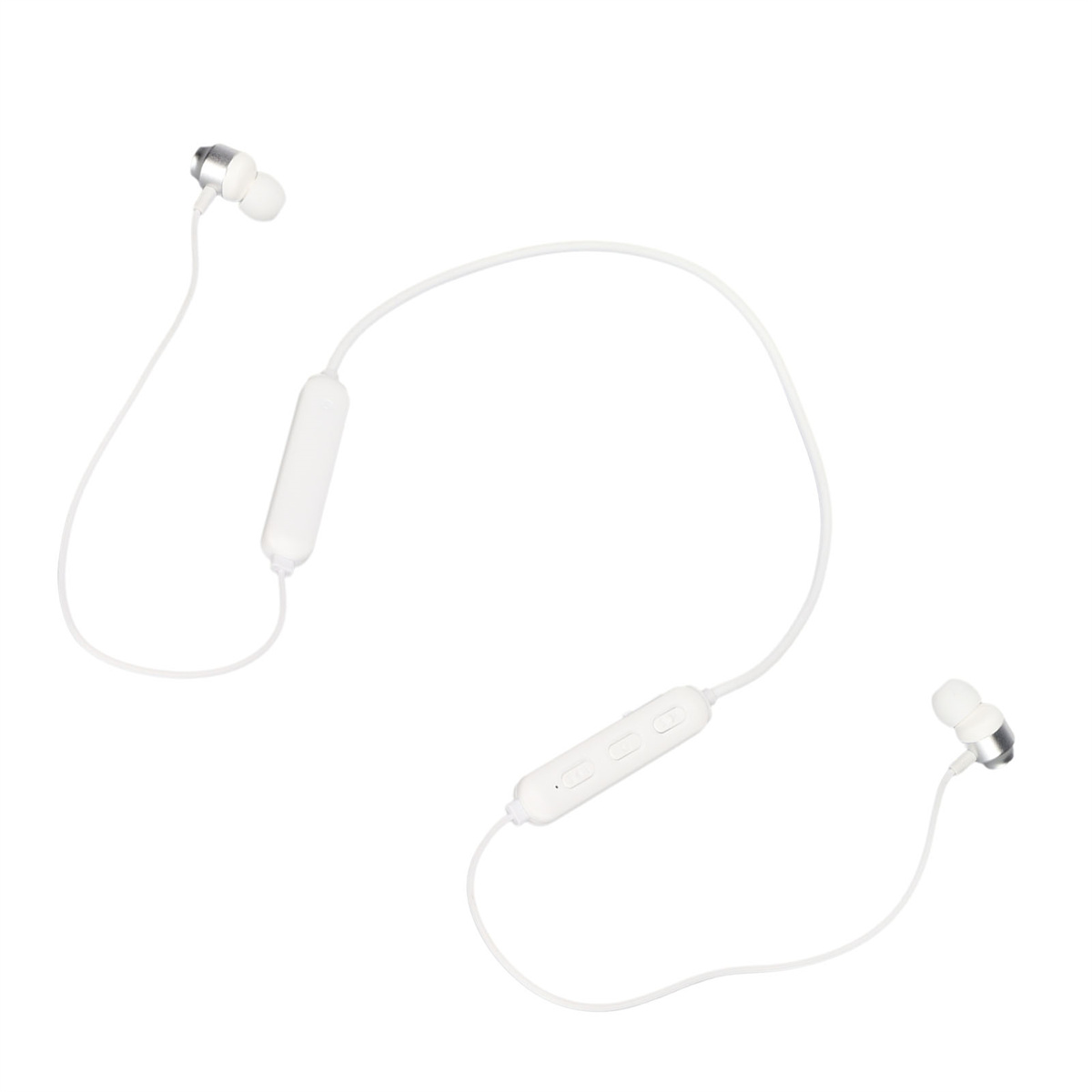 Weiße kabellose Ohrhörer, verbunden durch ein Kabel. Weißer Hintergrund.