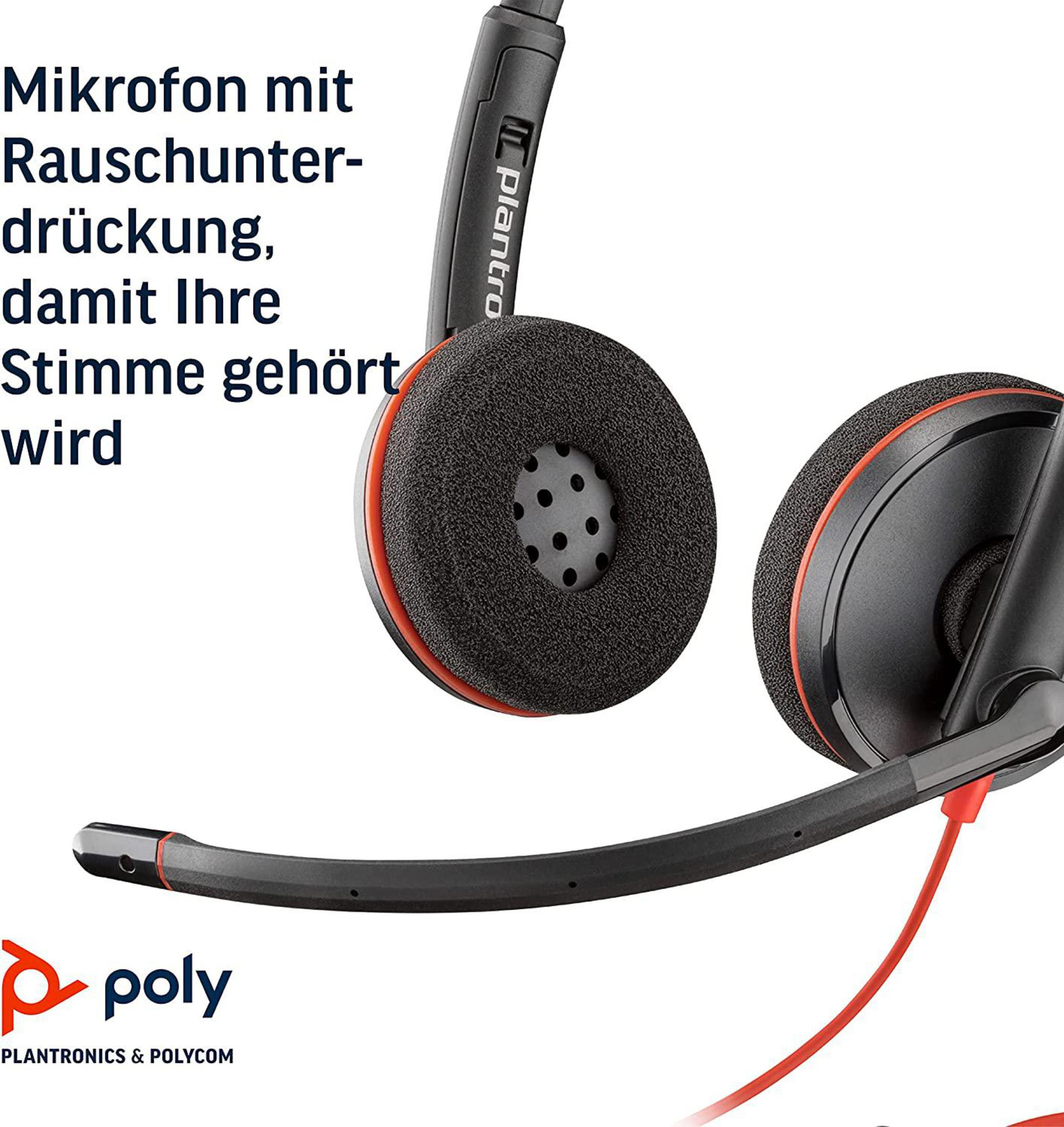 Schwarzes und rotes Headset mit Mikrofon und Geräuschunterdrückung, mit Textüberlagerung.