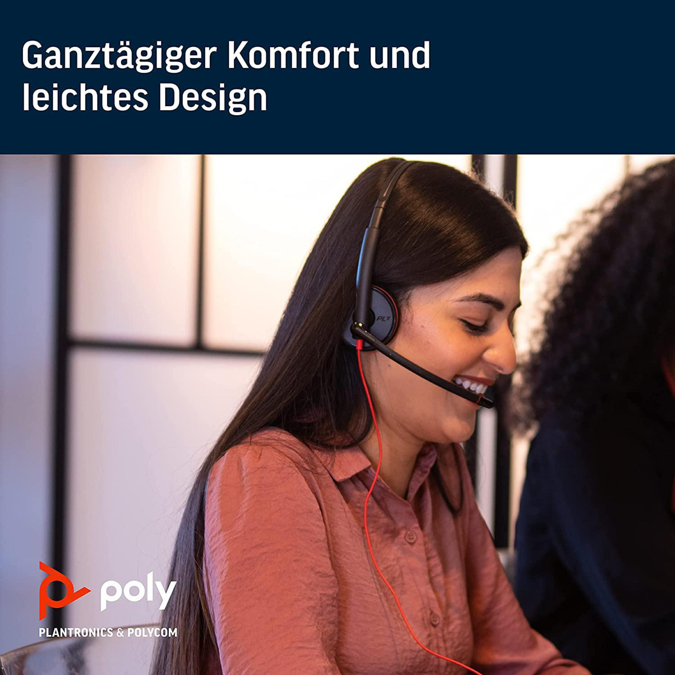 Frau mit Headset, lächelt, mit Text: 'Ganztagiger Komfort und leichtes Design'.