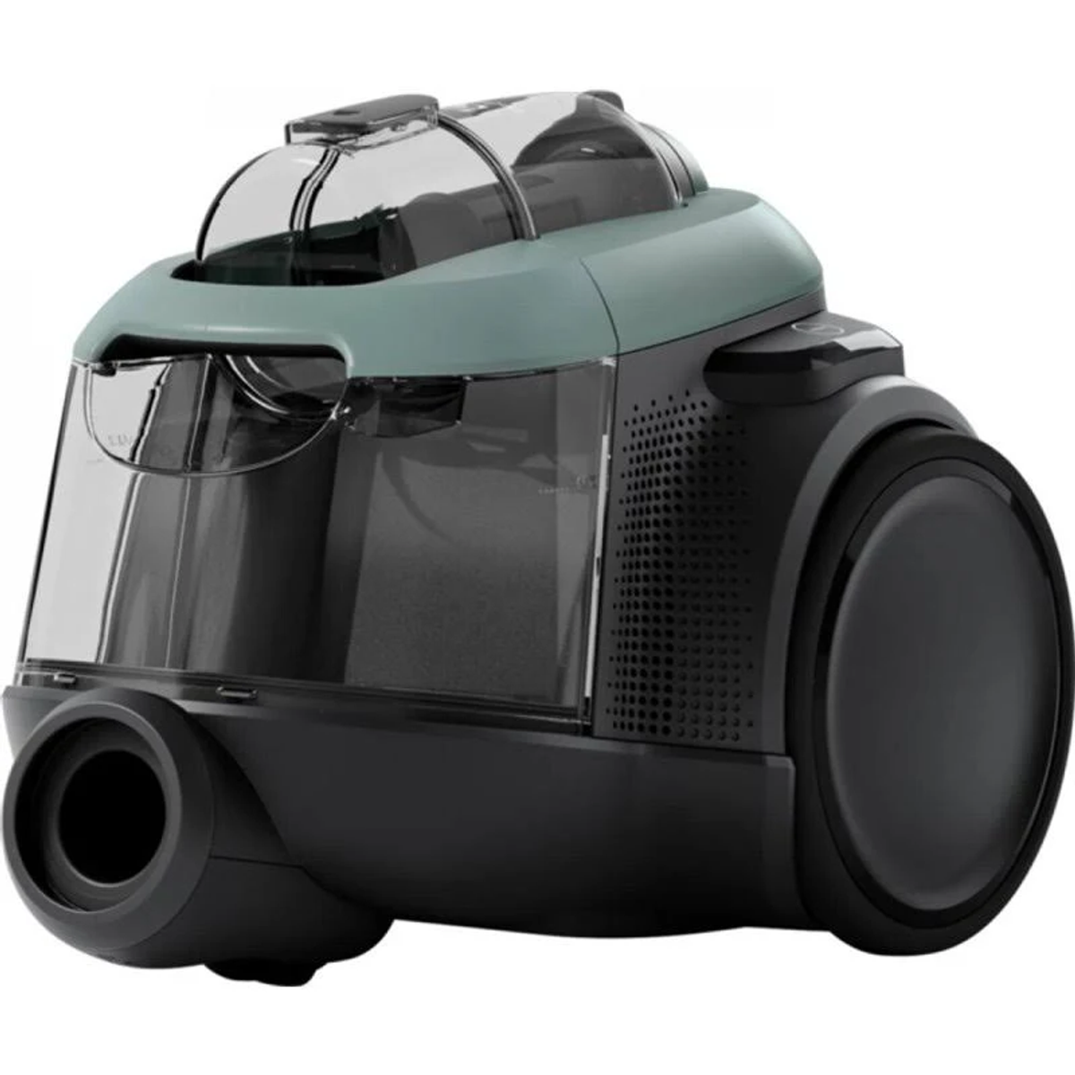 Czarny i szary odkurzacz z przezroczystym pojemnikiem na kurz i zielonym wierzchem.