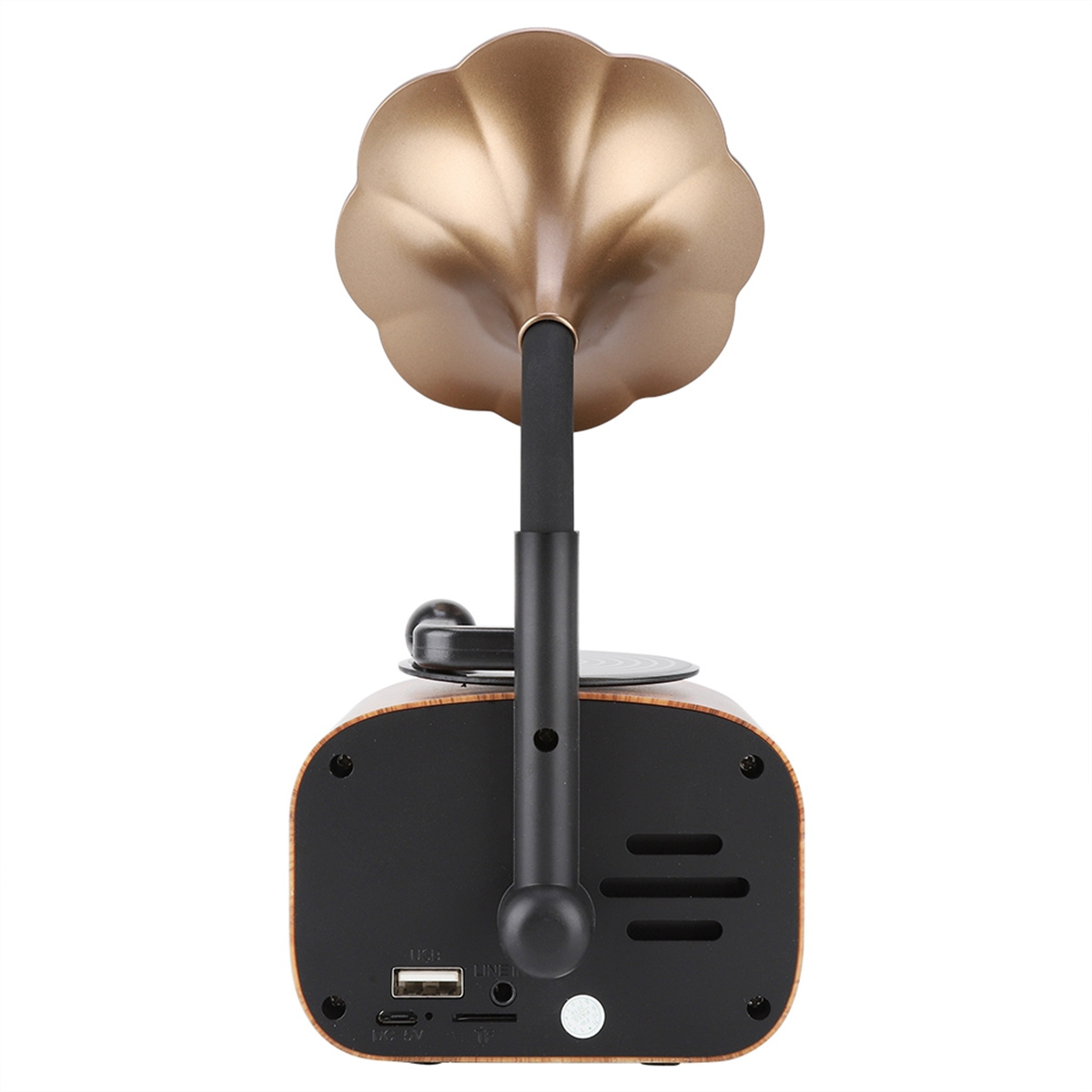 Rückseite eines Lautsprechers im Grammophon-Stil. USB-Anschluss und Bedienknöpfe sichtbar.