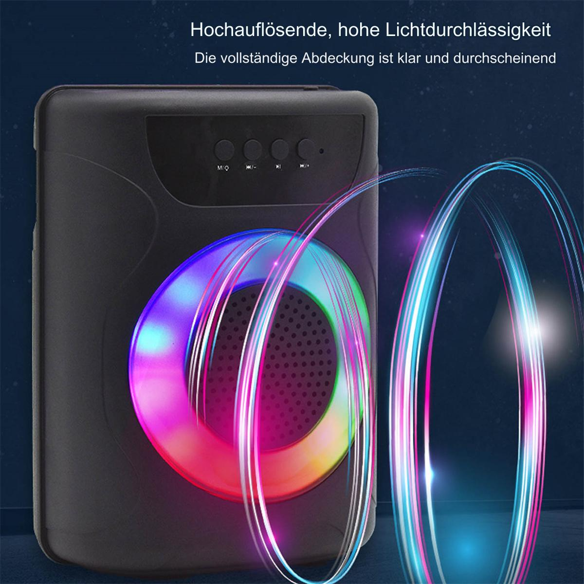 Schwarzer Lautsprecher mit bunten Lichtern. Text auf Deutsch: 'Hochauflösend, hohe Lichtdurchlässigkeit'.