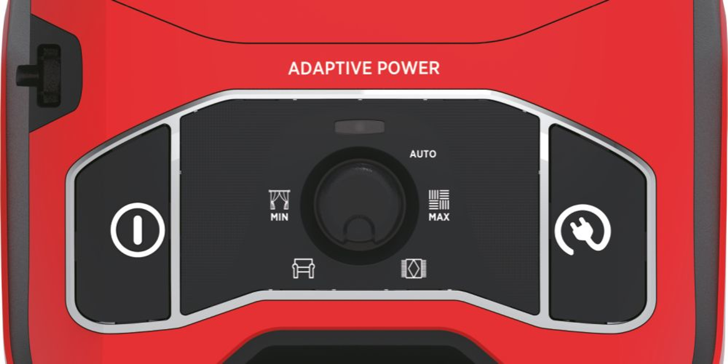 Zbliżenie na czerwony panel sterowania elektrowni z przyciskami i pokrętłem.