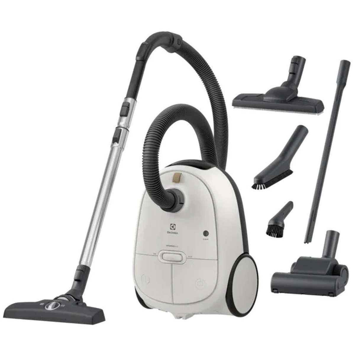Aspirapolvere bianco e nero con accessori su sfondo bianco.