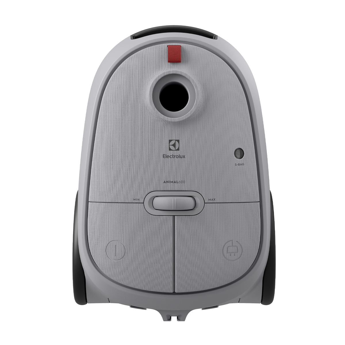 Szary odkurzacz Electrolux, widok z góry, z przyciskami i uchwytem.