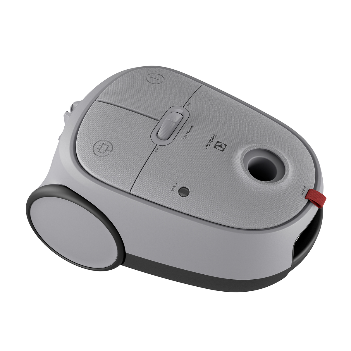 Szary odkurzacz Electrolux, z górnym uchwytem, pokrętłem i czerwonym przewodem zasilającym.