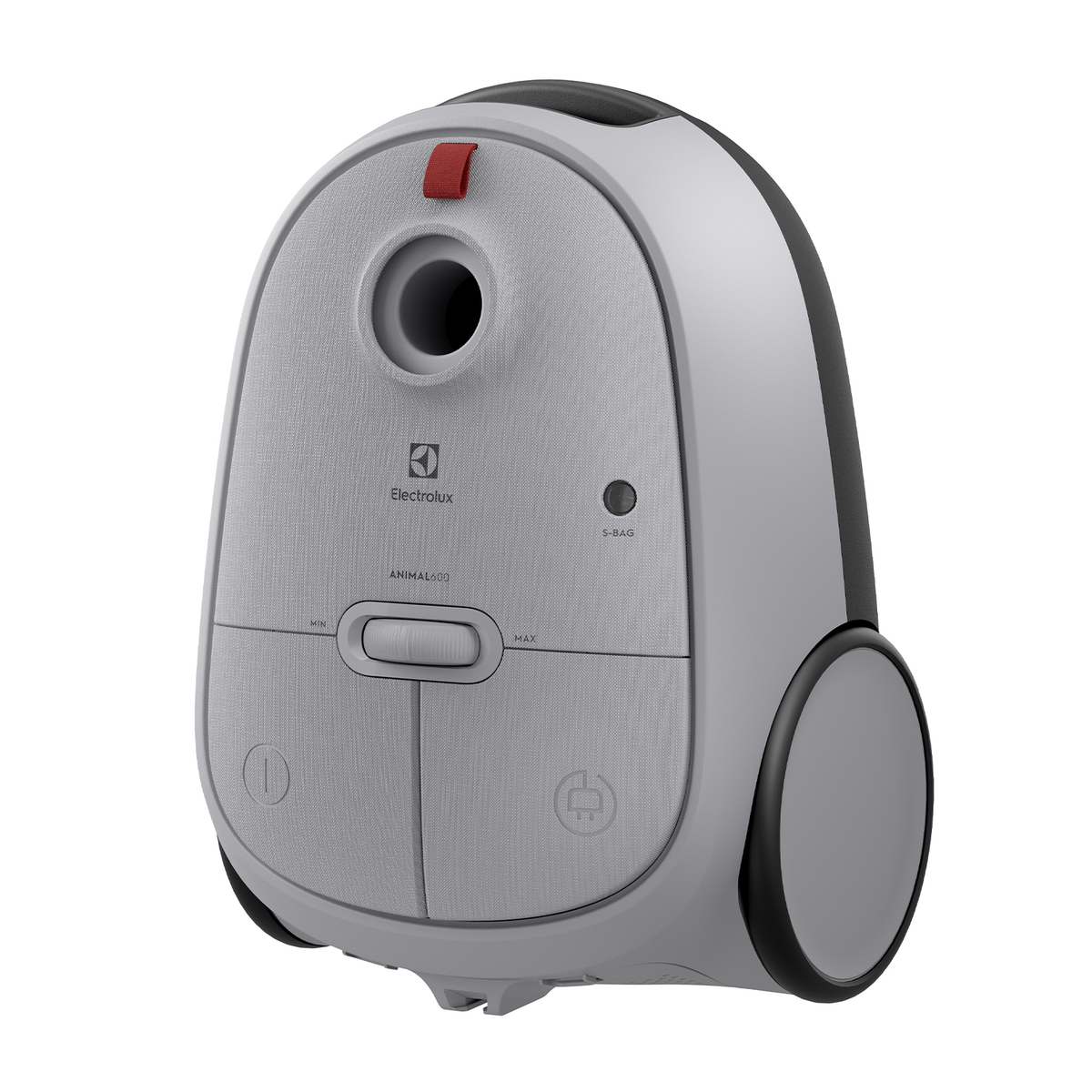 Szary odkurzacz z jasnoszarym przodem i czarnymi akcentami. Białe tło.