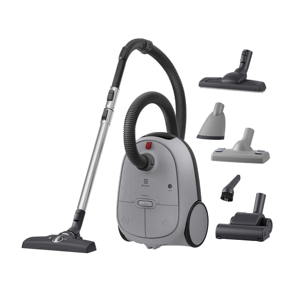 Szary odkurzacz z wieloma nasadkami. Ma długą, srebrną rurę.