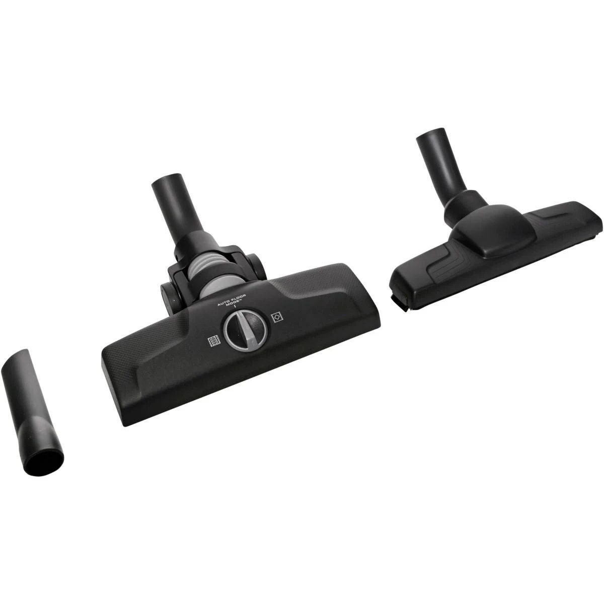 Akcesoria do odkurzacza: głowica główna, mniejsza głowica i mała rura, wszystko w kolorze czarnym.