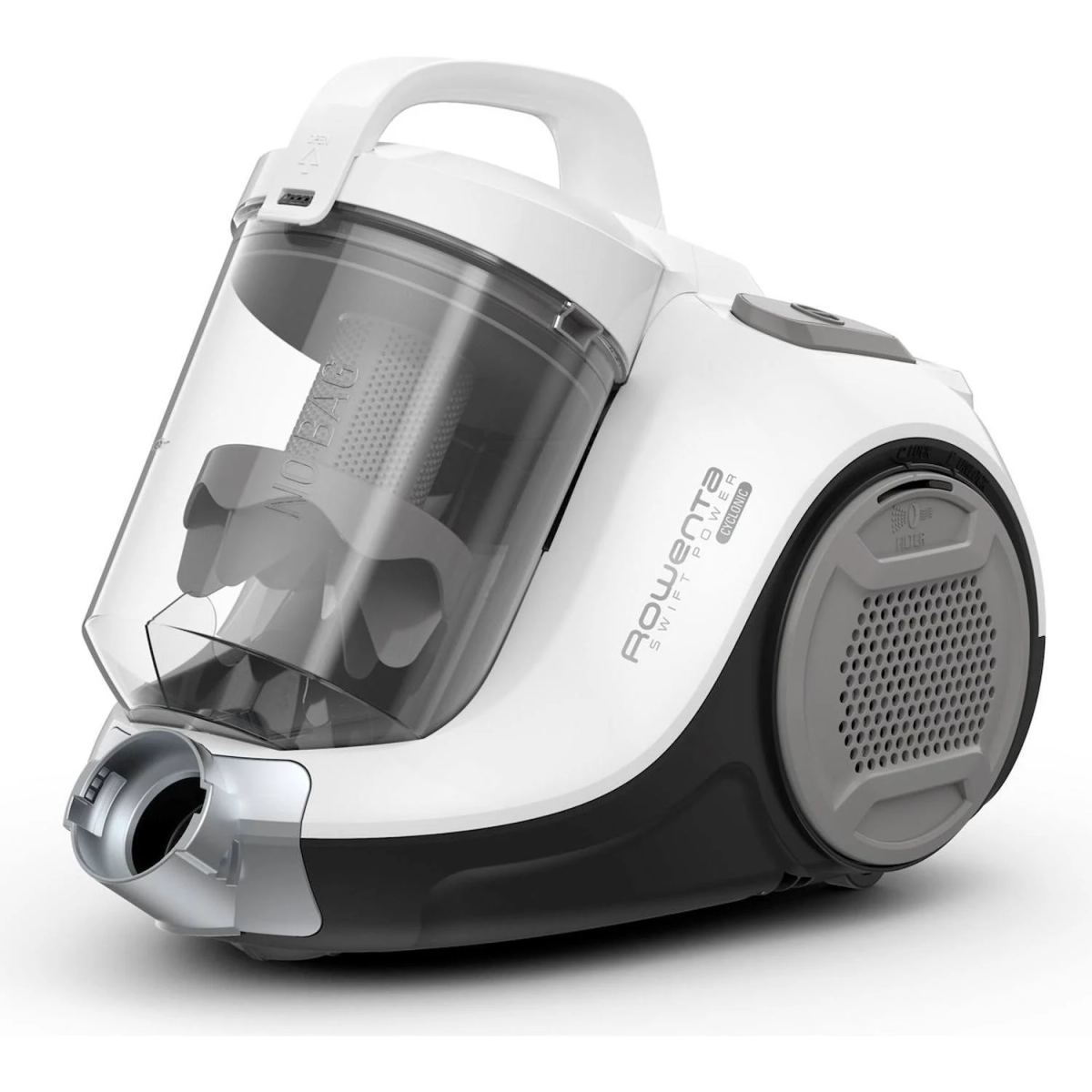 Aspiradora Rowenta Swift Power blanca y negra con contenedor transparente.