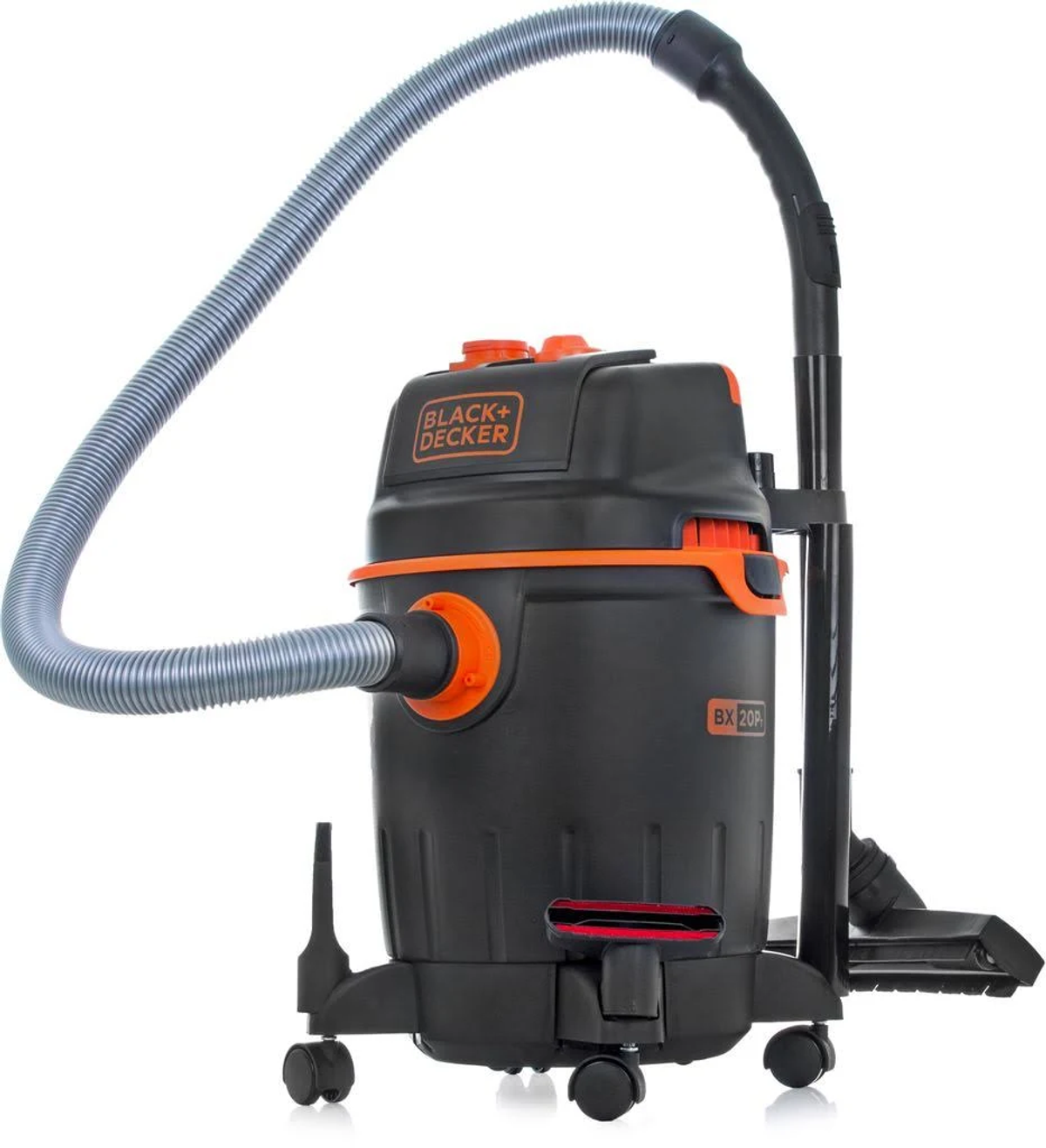 Aspirapolvere nero e arancione con tubo e accessori. Il logo Black+Decker è visibile.