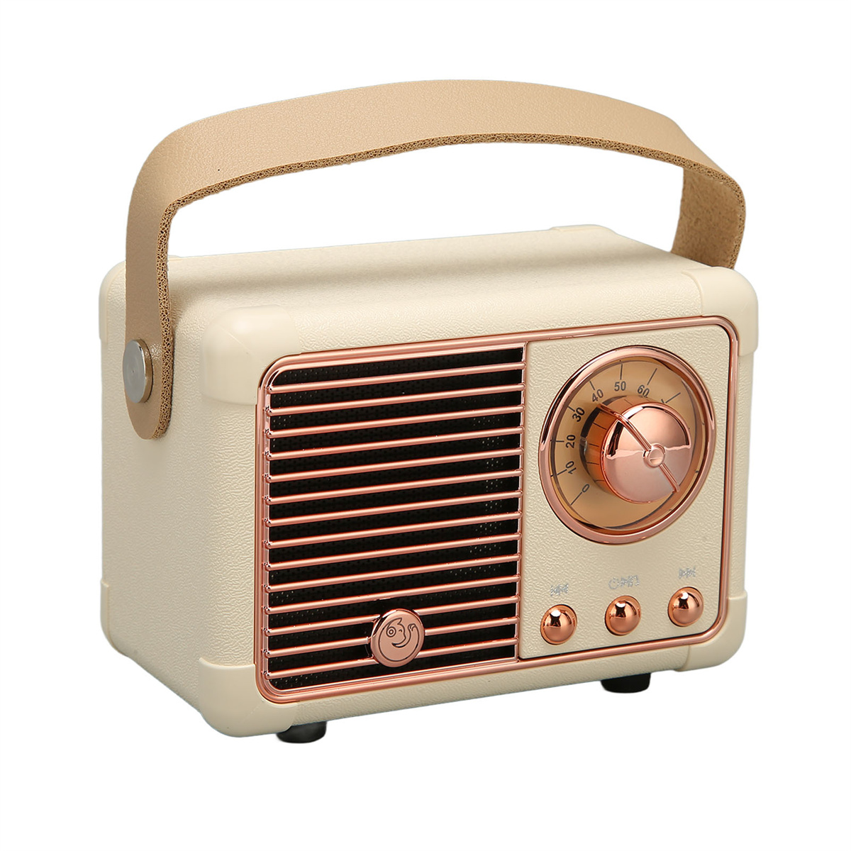 Ein cremefarbenes Vintage-Radio mit Ledergriff und roségoldfarbenen Akzenten.