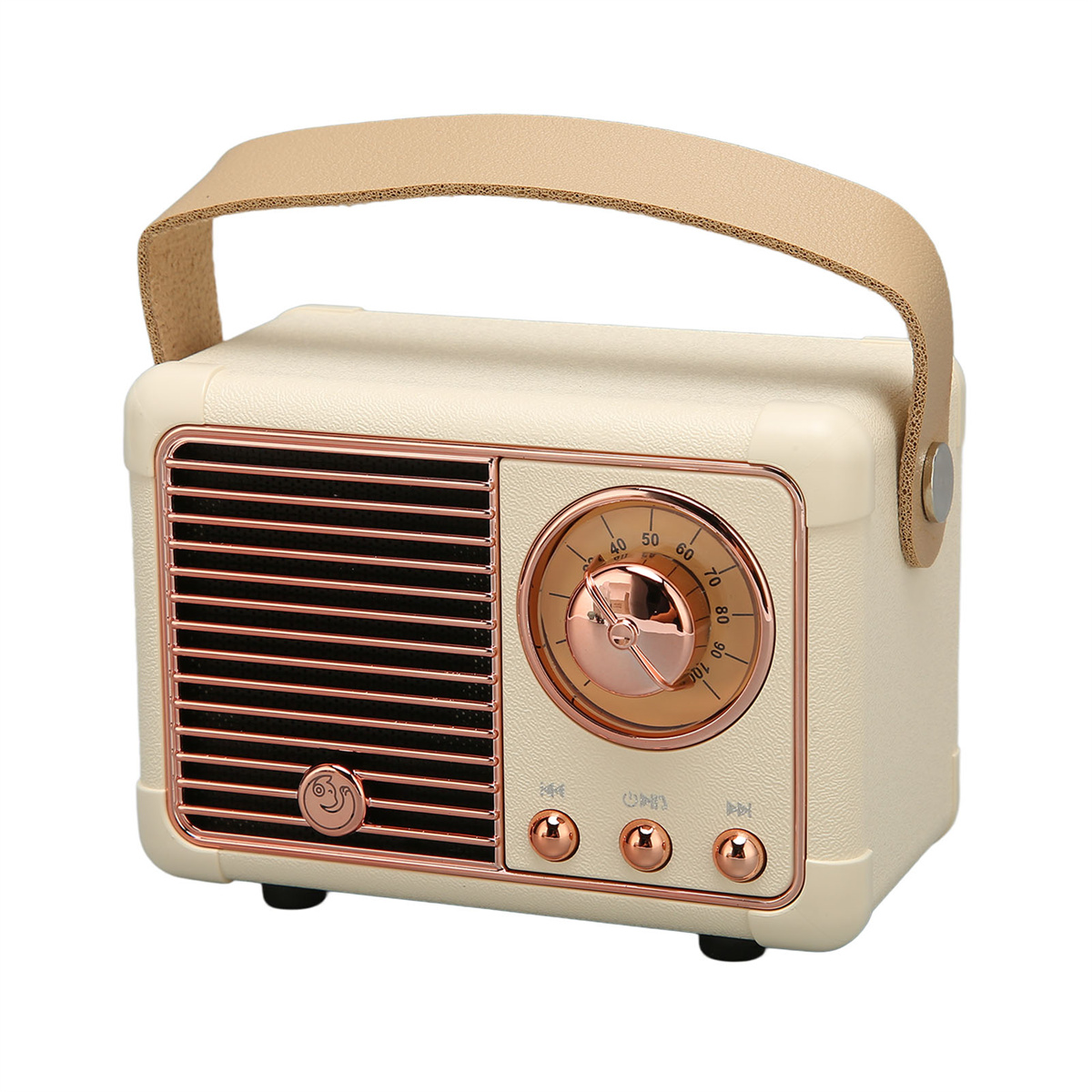 Cremefarbenes Retro-Radio mit roségoldenen Akzenten. Mit Griff und Ziffernblatt.