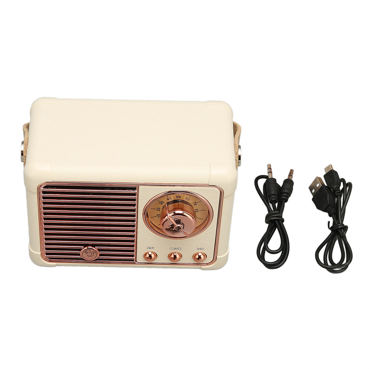 Retro-Radio mit cremefarbenem Gehäuse und roségoldenen Akzenten. Kabel rechts.