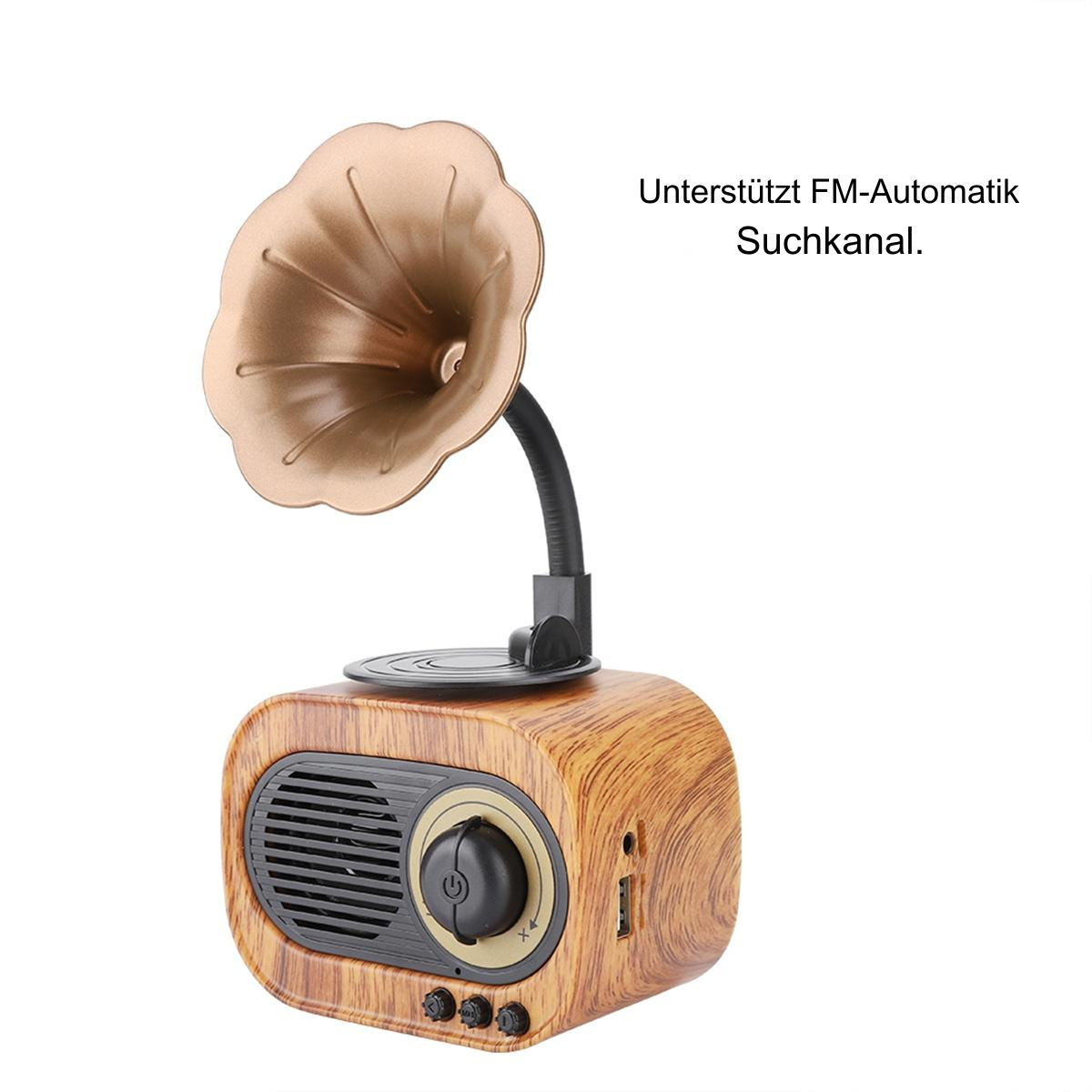 Ein hölzernes Radio im Vintage-Stil mit goldenem Lautsprecherhorn, auf weißem Hintergrund.