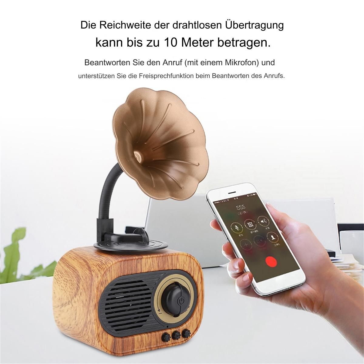 Lautsprecher im Retro-Stil mit Telefon auf einem Schreibtisch; der Lautsprecher hat ein Horn.