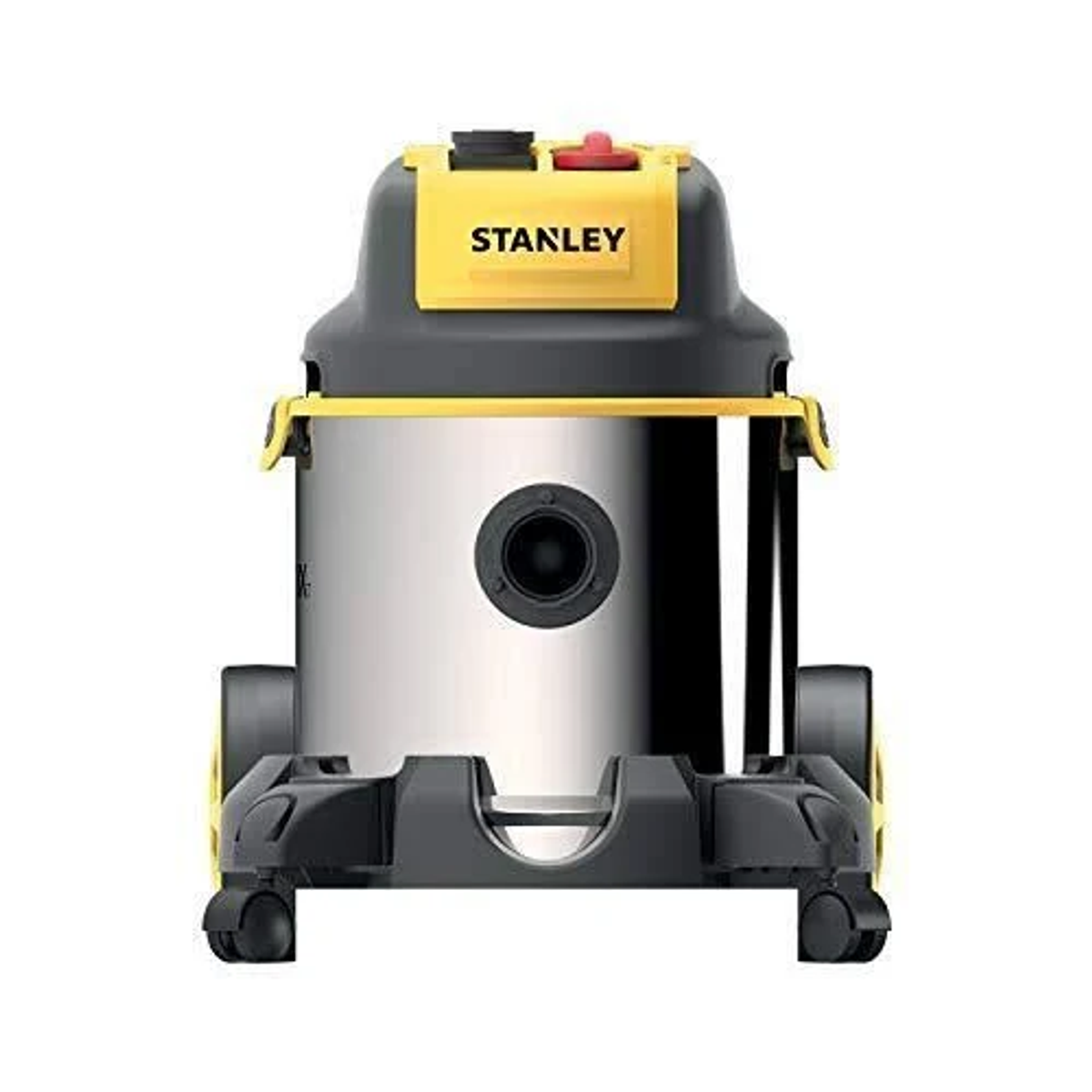 Aspirapolvere Stanley in acciaio inox e nero, dettagli gialli, isolato su bianco.